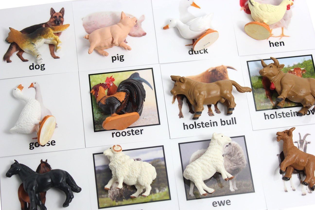Montessori Animal Match - Miniature Farm Animal Toy Figurines with Matching Cards - 2 Part Cards. Montessori Learning Toy, Language Materials Busy Bag Activity