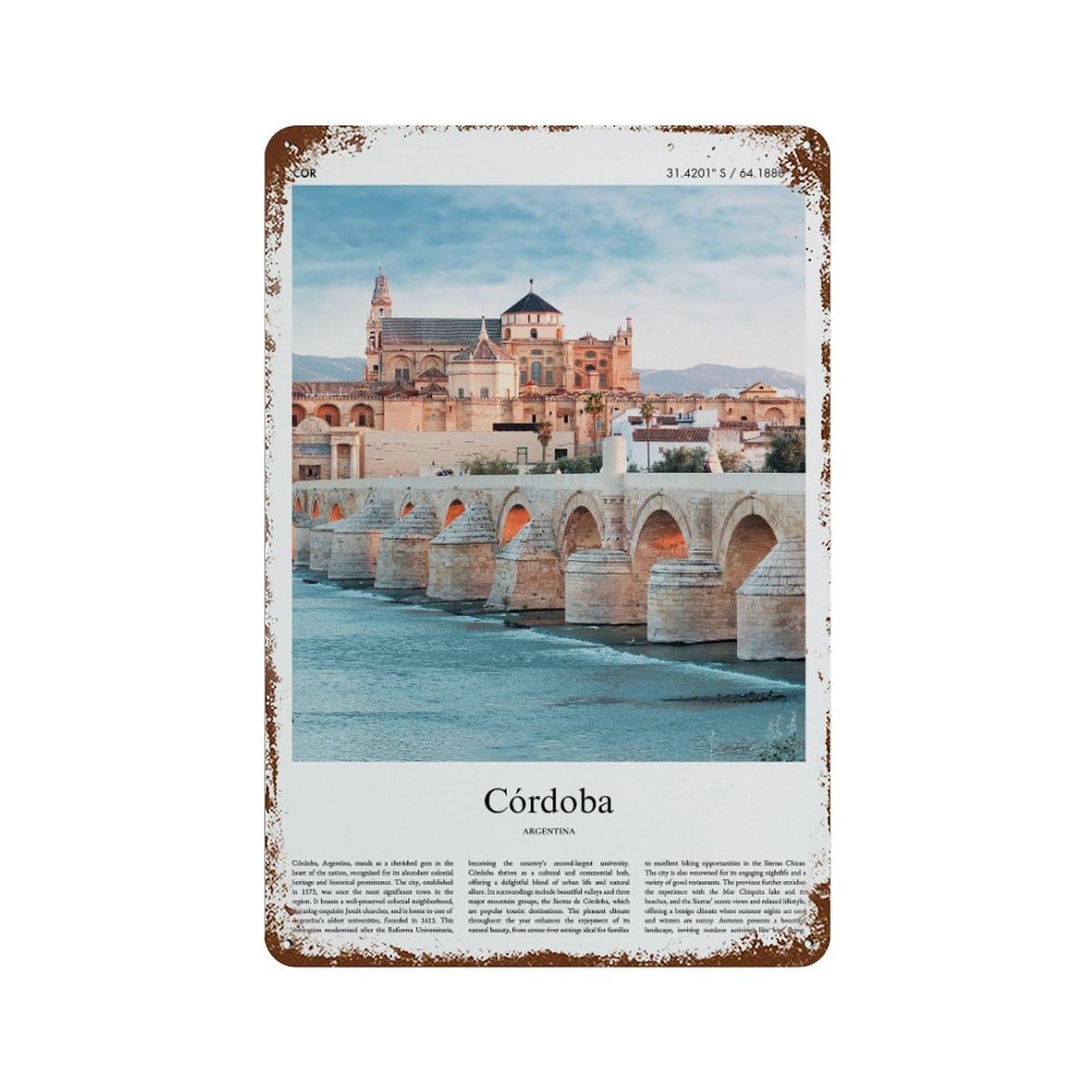 xiaoxiaoshen Córdoba Argentina City Scenery Wall Decor Art Metal Tin Poster Modern Home Decor Art Home Bar Shop Decorations Vintage Sign 30x20cm