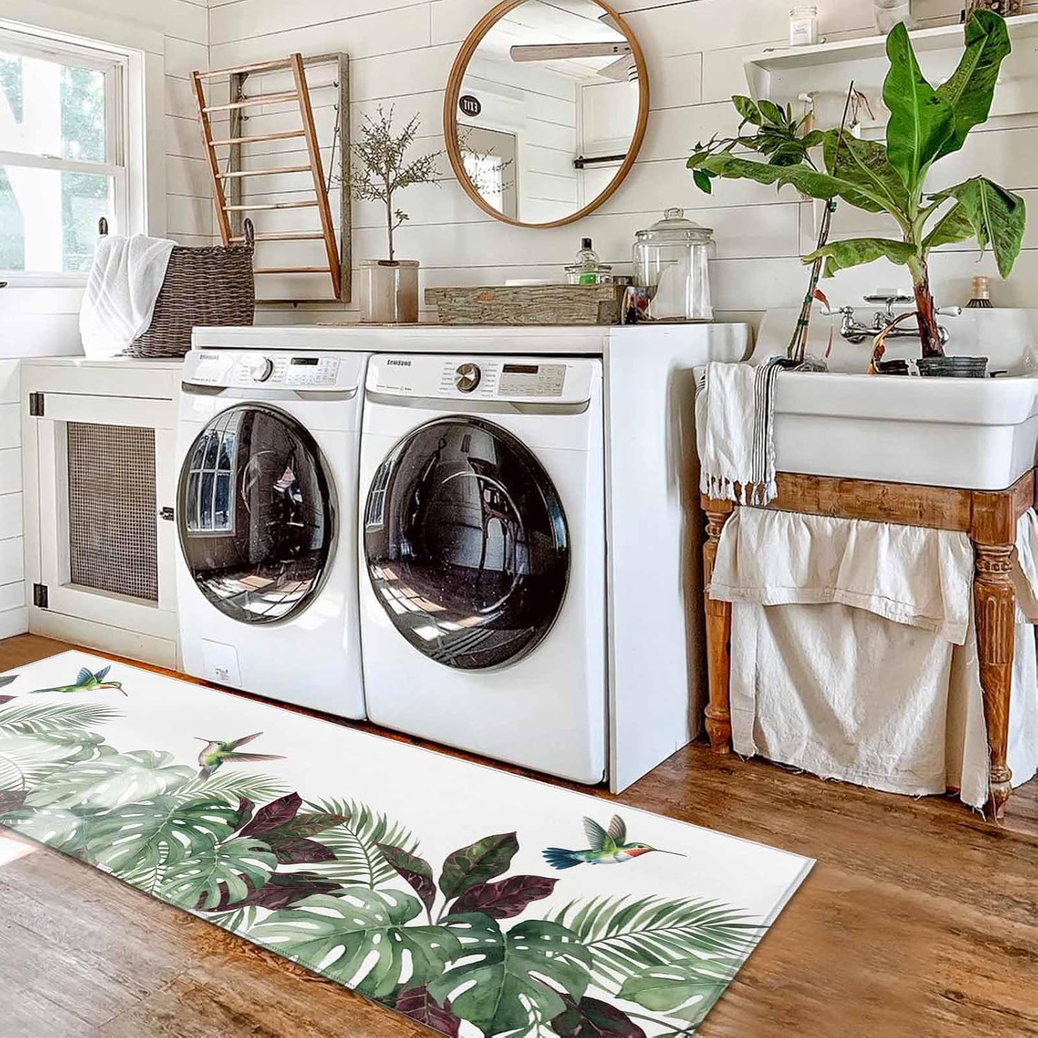 Kitchen Mats for Floor Summer Hummingbird Green Leaf Washable Non Slip Kitchen Rugs 2PCS, Tropical Bird Monstera Palm Leaves Absorbent Standing Mats for Sink Living Room 15.7x23.6in+15.7x47.2in