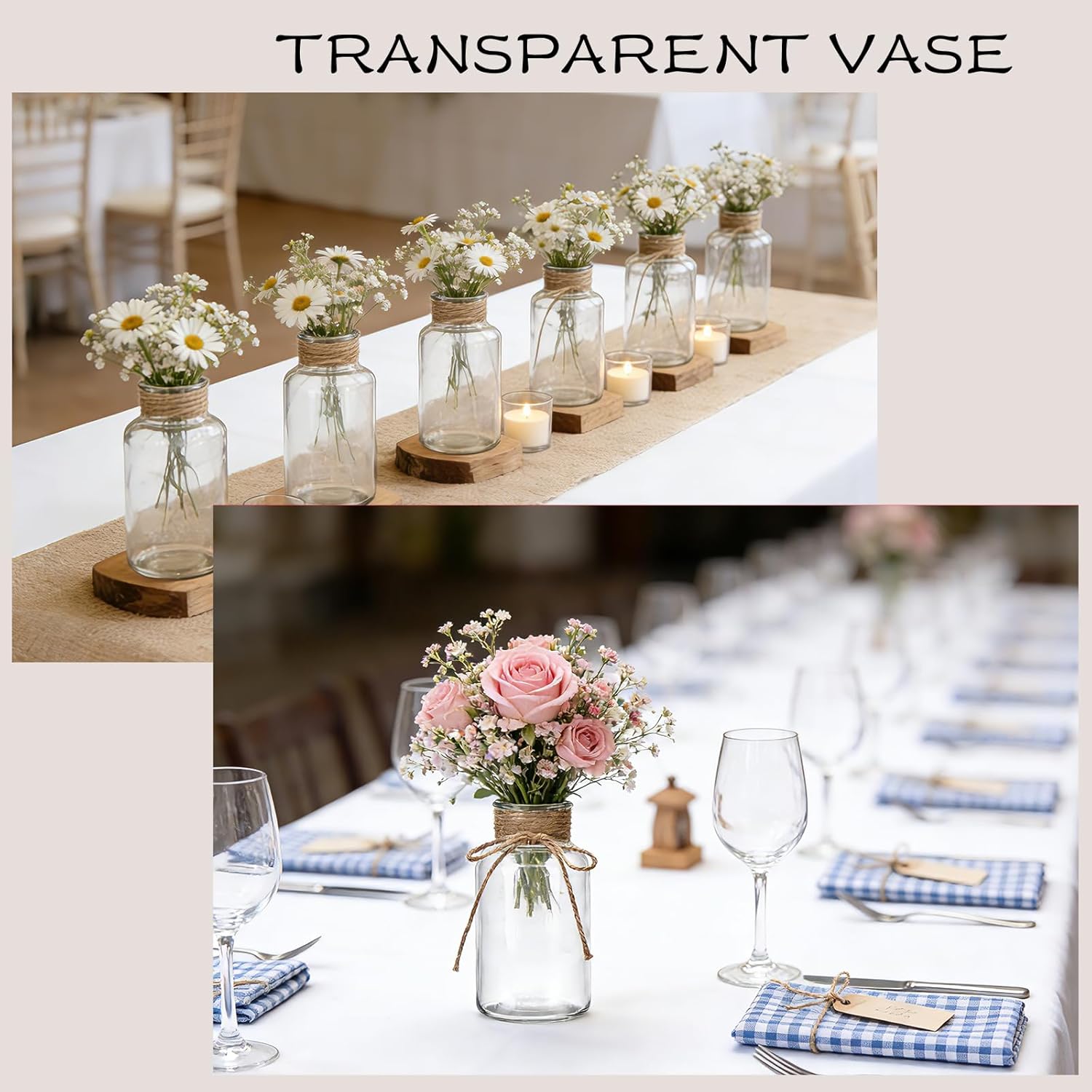 12 Pack Glass Flower Vases with Rope,Brajttt Vintage Bud Vases in Bulk,Mason Jars for Centerpieces,Flower Vase for Centerpieces and Tag for Weddings,Home Decor & DIY Projects