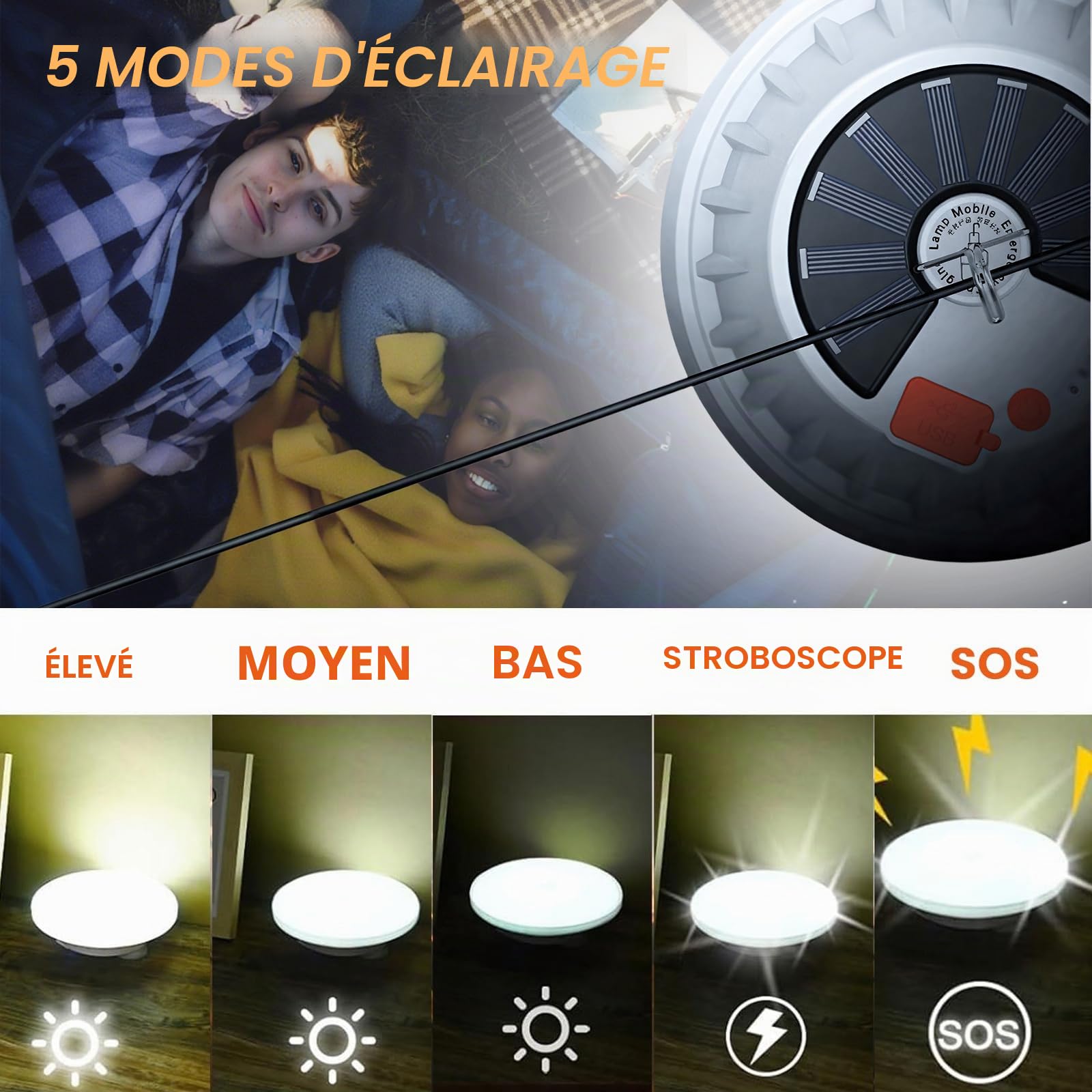 Lot de 2 Lampe Camping Solaire, Lampe Exterieur Rechargeable par USB avec Télécommande, 5 modes avec crochet, Lanterne de Camping Étanche Portable pour la randonnée, la pêche, les urgences