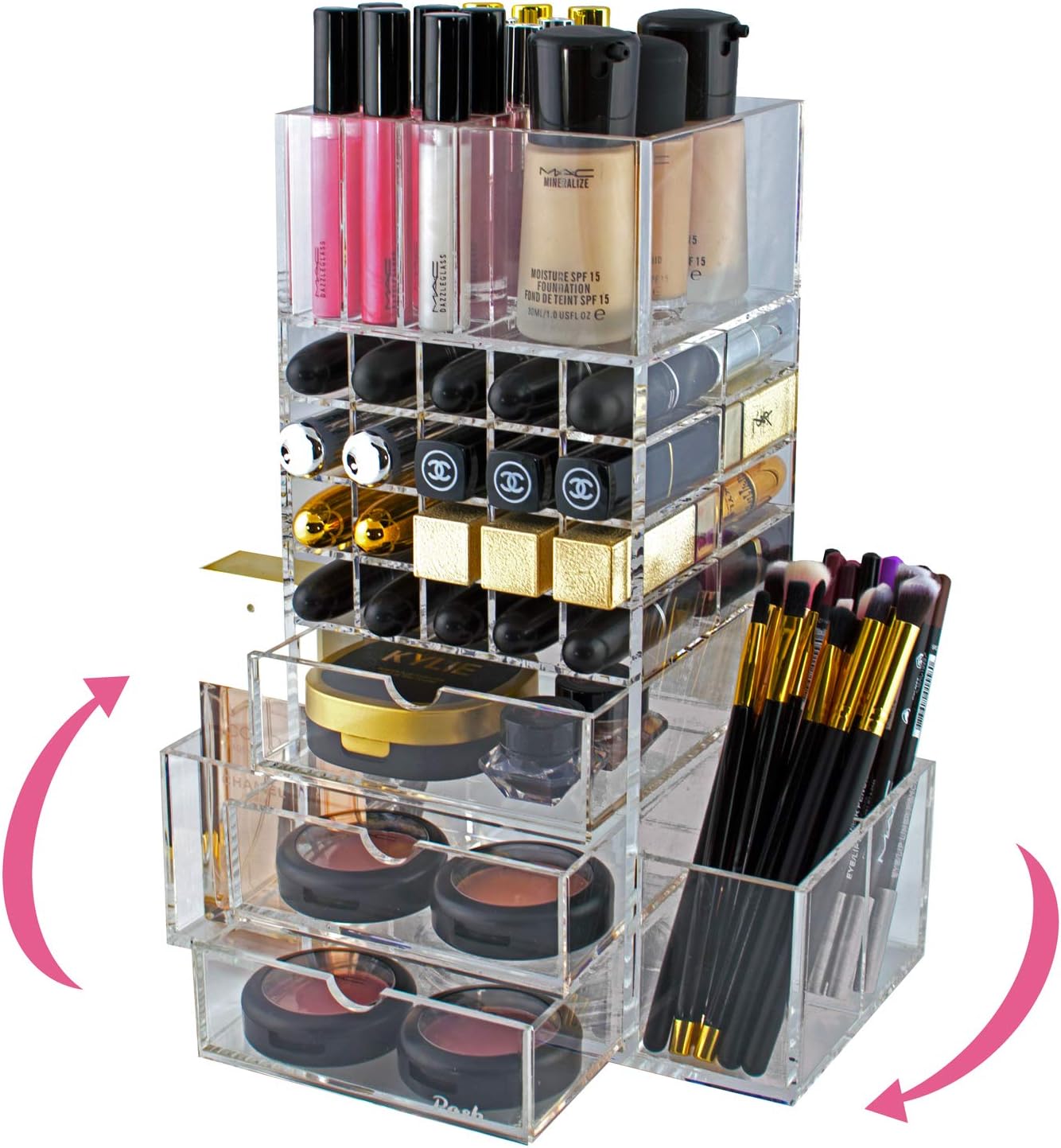 Rotating Makeup Organizer Tower, Acrylic Spinning Lipstick, Lip Gloss & Makeup Brush Holder, Drawers & Pockets for Eyeshadows, Compacts, Blushes, Powders & Perfume