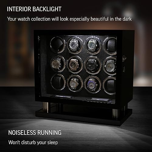 Miniatura 3 de Bobinadora de 12 relojes para relojes automáticos con luz LED y control de pantalla táctil LCD, Ébano + Negro, Compacto