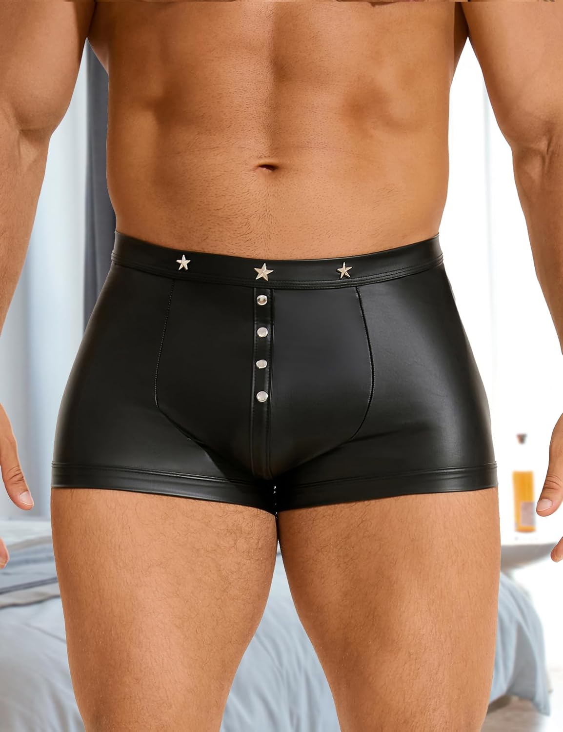 ohyeahlady Mens Punk Boxer Shorts PU Faux Leather Pouch Trunks Underwear Rivet Trim Sexy Lingerie for Men Rave Shorts - Image 5