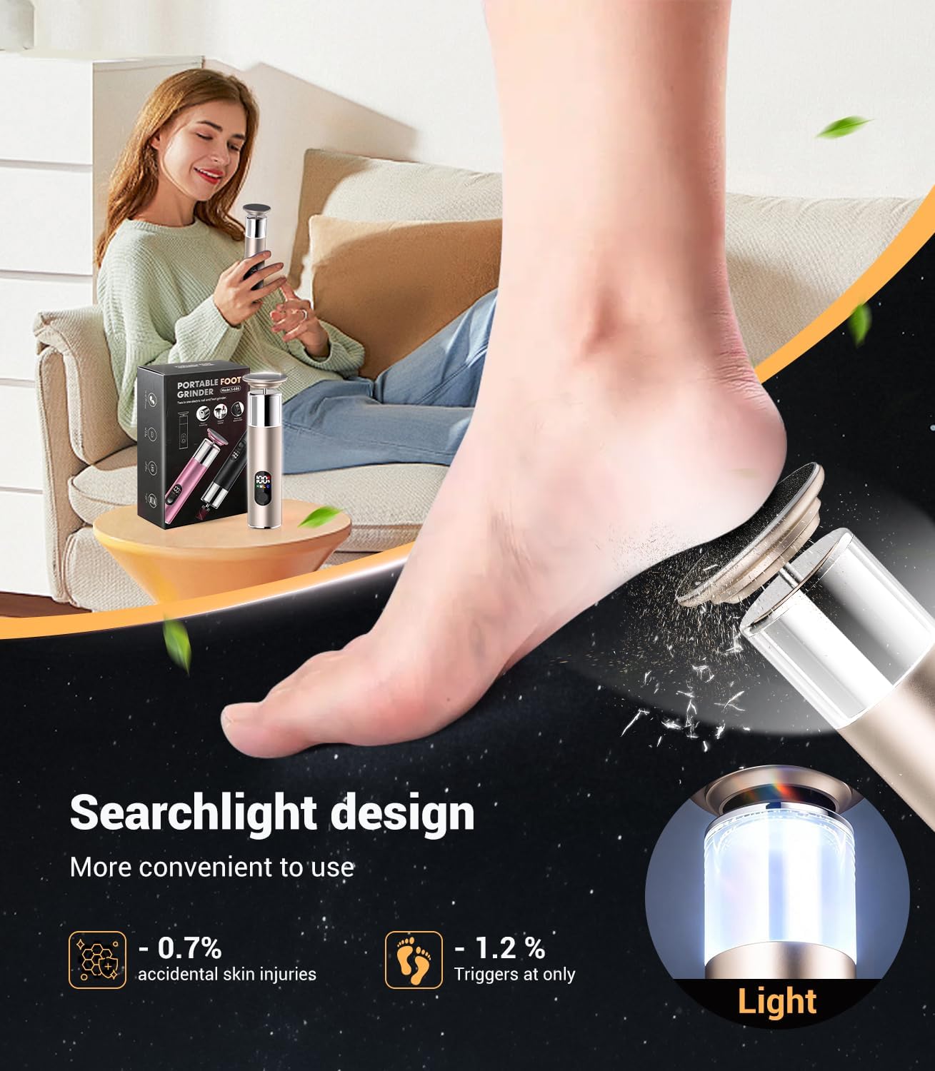 Electric Foot Callus Remover,Rechargeable Electric Callus Remover for Feet【Variable 3-Speed & LED Light】【Removes 99.92% of Calluses】 Portable Foot File Pedicure Kits with 30 Grit Pads-Gold
