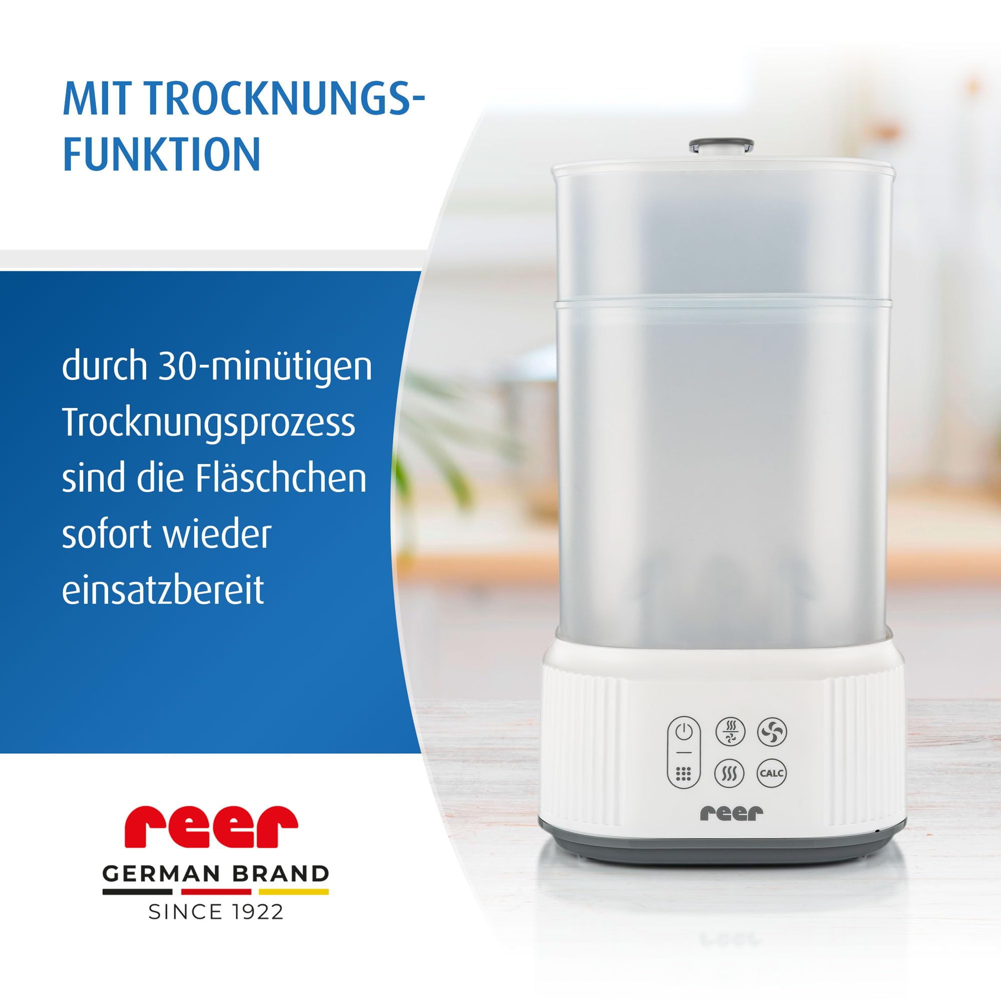 reer VapoDryS Vaporisator | Babyflaschen Sterilisator mit Trocknungsfunktion, Dampfsterilisator für bis zu 5 Flaschen, Desinfektion und Trocknung von Babyfläschchen und Zubehör ohne Chemikalien