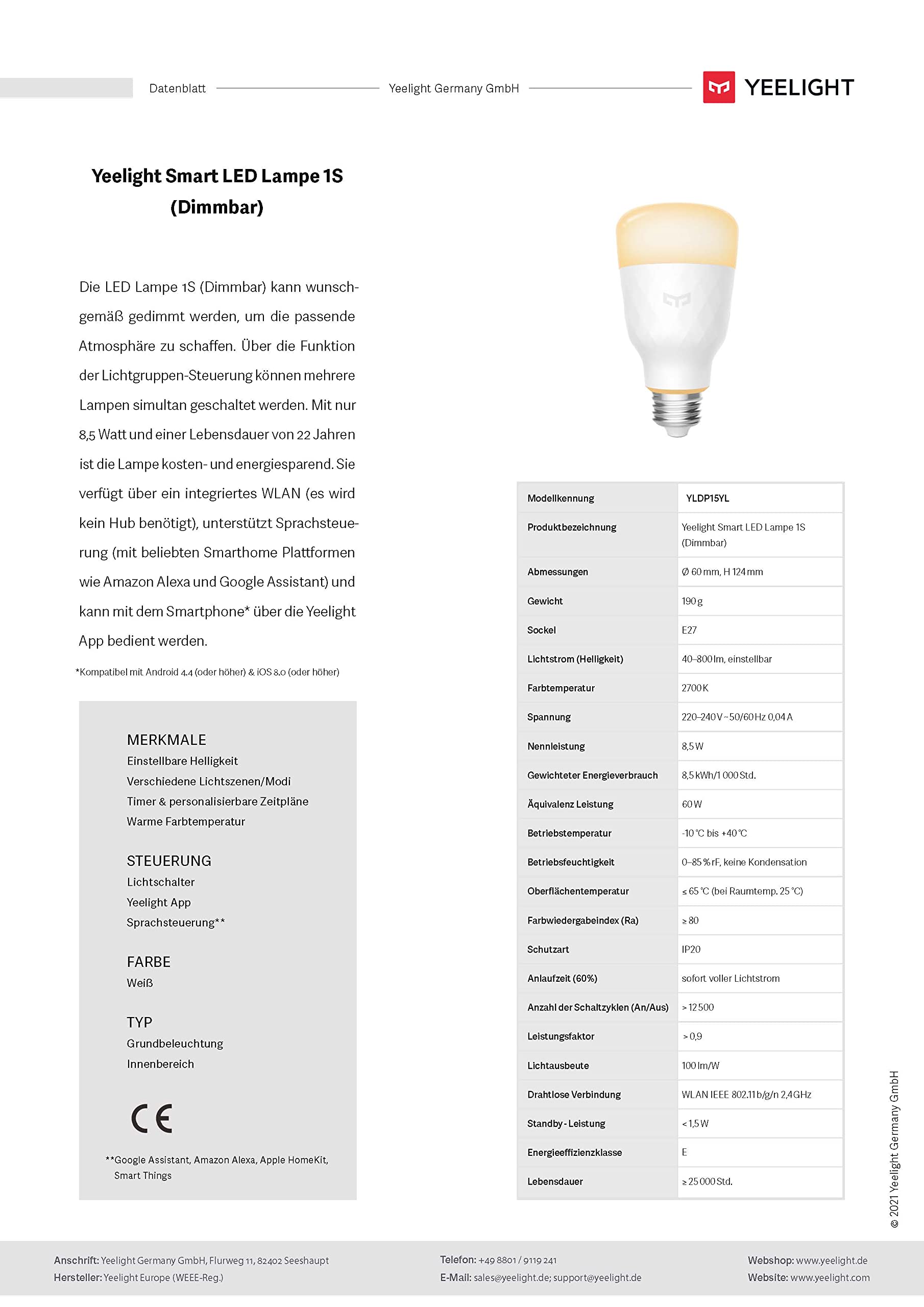 Yeelight 1S - smartes Leuchtmittel Set 4x Weiß/dimmbar, 1x 1S Color | Yeelight | EU-Version | E27, dimmbar, Sprachsteuerung, App, Timerfunktion, Stimmung