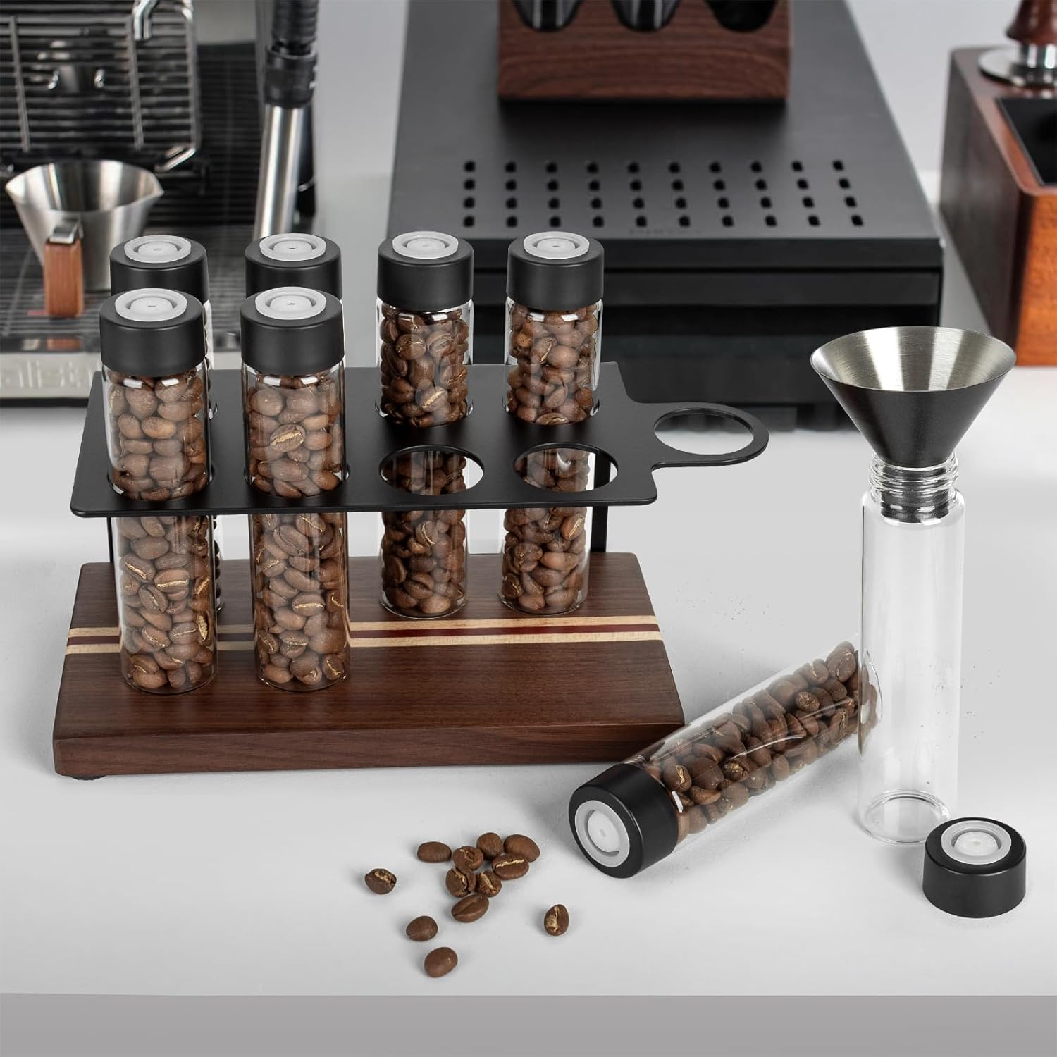 Single Dose Coffee Bean Storage 8 Tubes with Walnut Solid Wood Base Holder，coffee storage Container Display Stand and Funnel