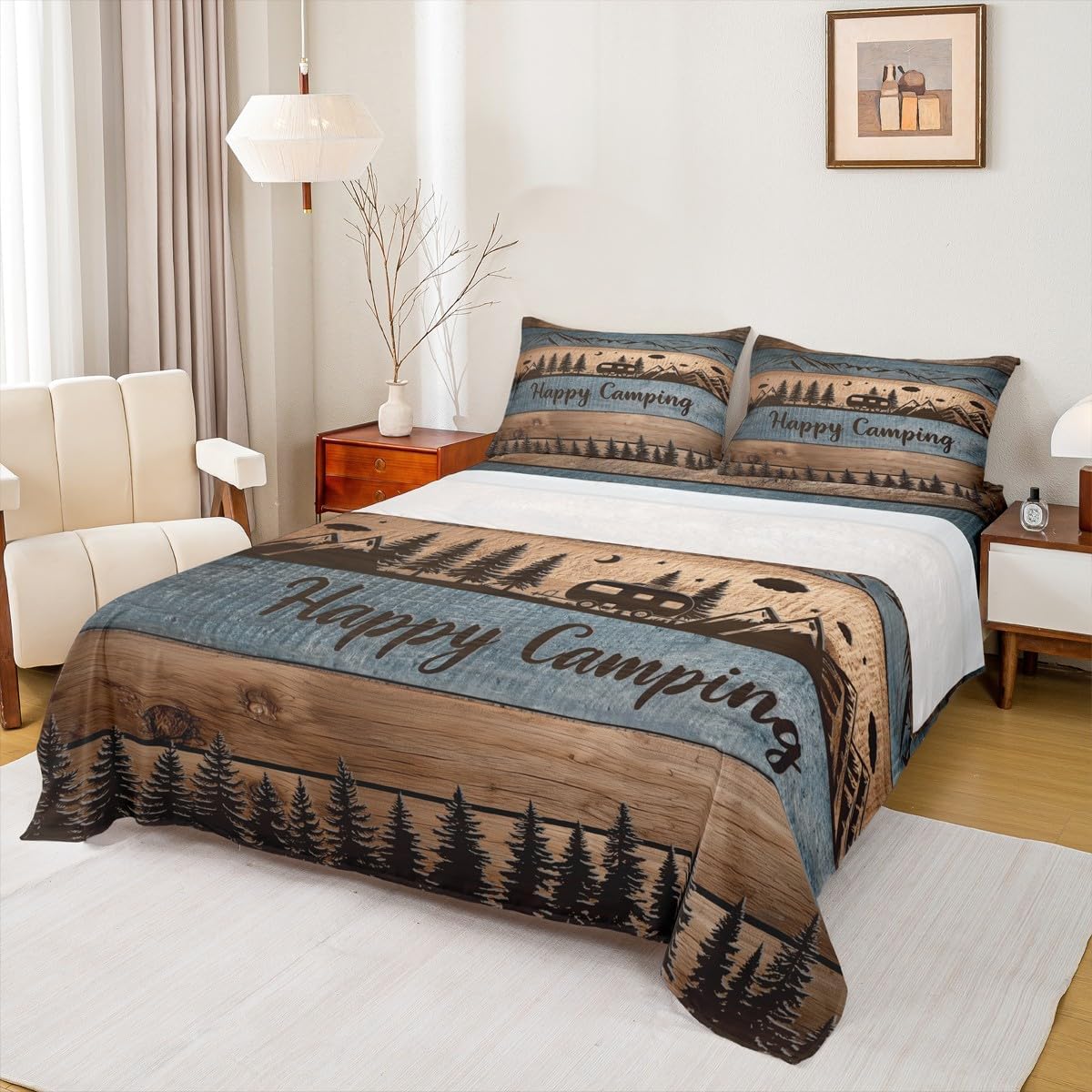 Happy Camping Bed Sheets Full Camper Sheet Set For Kids Adults,Rv Accessories Bedding Set For Travel Trailers Rustic Farmhouse Fitted Sheet Mountain Pine Trees Decor Flat Sheet 2 Pillow Cases