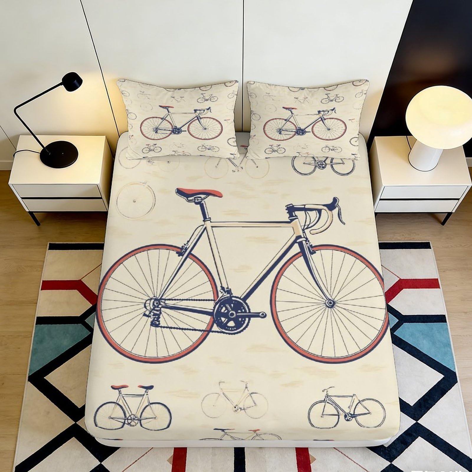 3D Printed Vintage Bicycle Fitted Sheet Microfiber Soft Breathable Retro Bike Bed Cover for Bedroom Dorm Mattress Protection Decor 90x200x25cm