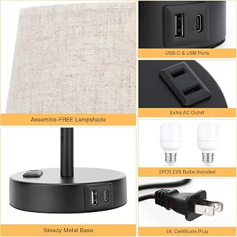 Mini Bedside Lamps for Bedrooms Set of 2 - Nightstand Bedroom Lamps with USB C Port and AC Outlet Charging, Dimmable Touch Small Bed Side Table Lamp, Beige Night Stand Light for Kids/Guest Room