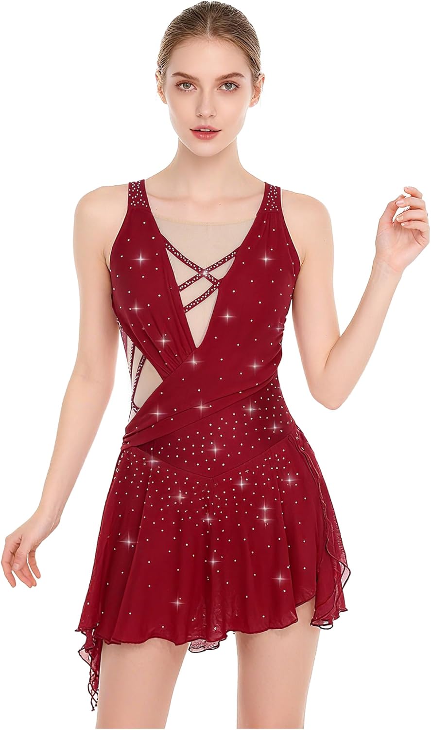 Hedmy Womens Rhinestone Shiny Figure Skating Dress Lyrical Dance Flowy Leotard Dress Ballet Dancewear