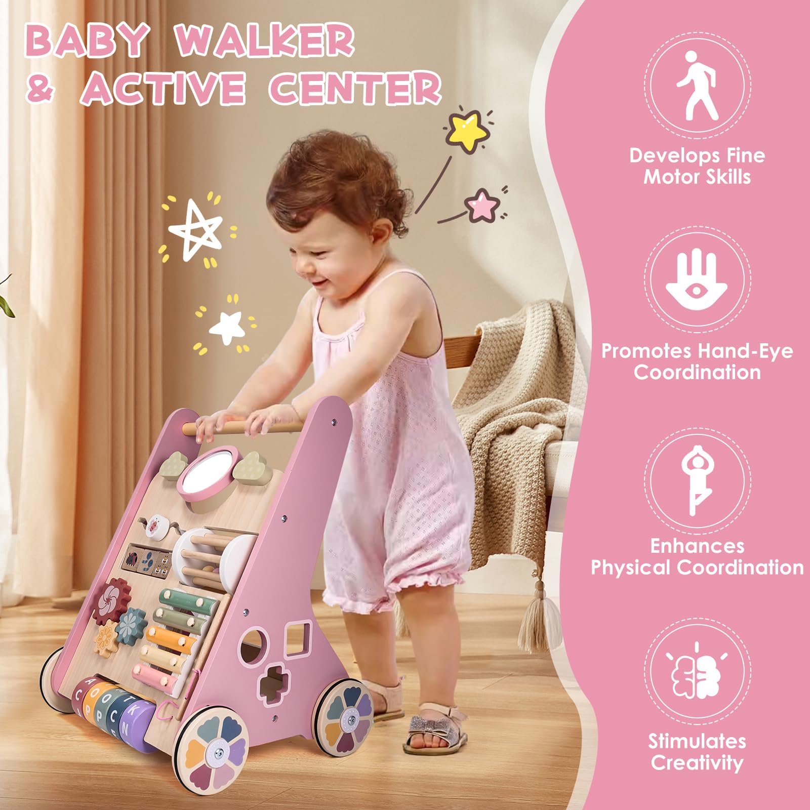 Chariot de Marche en Bois pour Bébé, Jouet Montessori à Trotteur avec Centre d’Activités, Hauteur et Vitesse Réglables, pour Fille et Garçon de 12 Mois et Plus