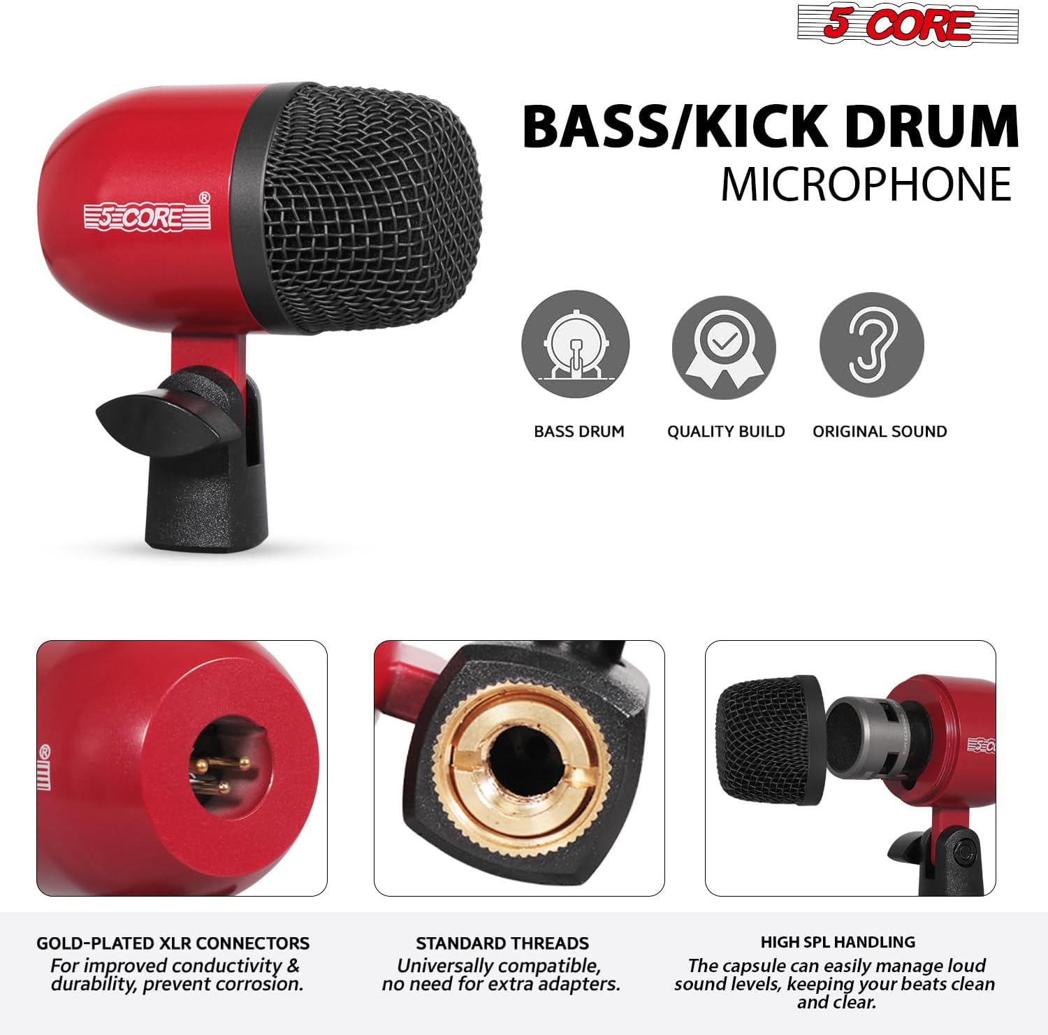 5 CORE Drum Microphone Kit 9 Piece All Metal Drummer Mics Tom/Snare & Cymbals Professional Wired Instrument Drums Set Microfonos Red - DM E9 RED