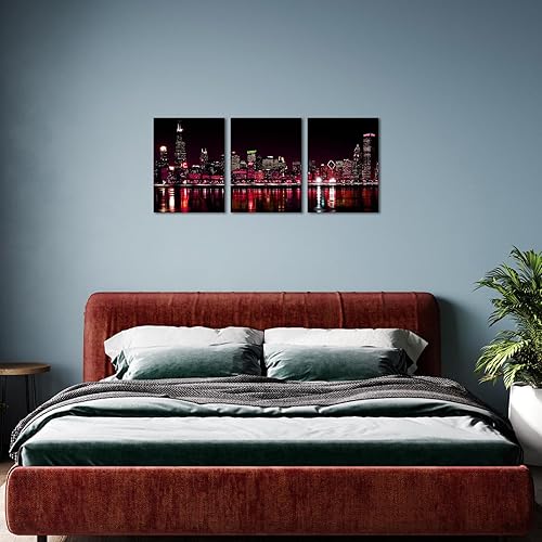 Miniatura 3 de Biuteawal 3 paneles de Chicago Skyline Wall Art Chicago City Night View Picture Canvas Print Black and Red Cityscape Poster Photo Painting Modern