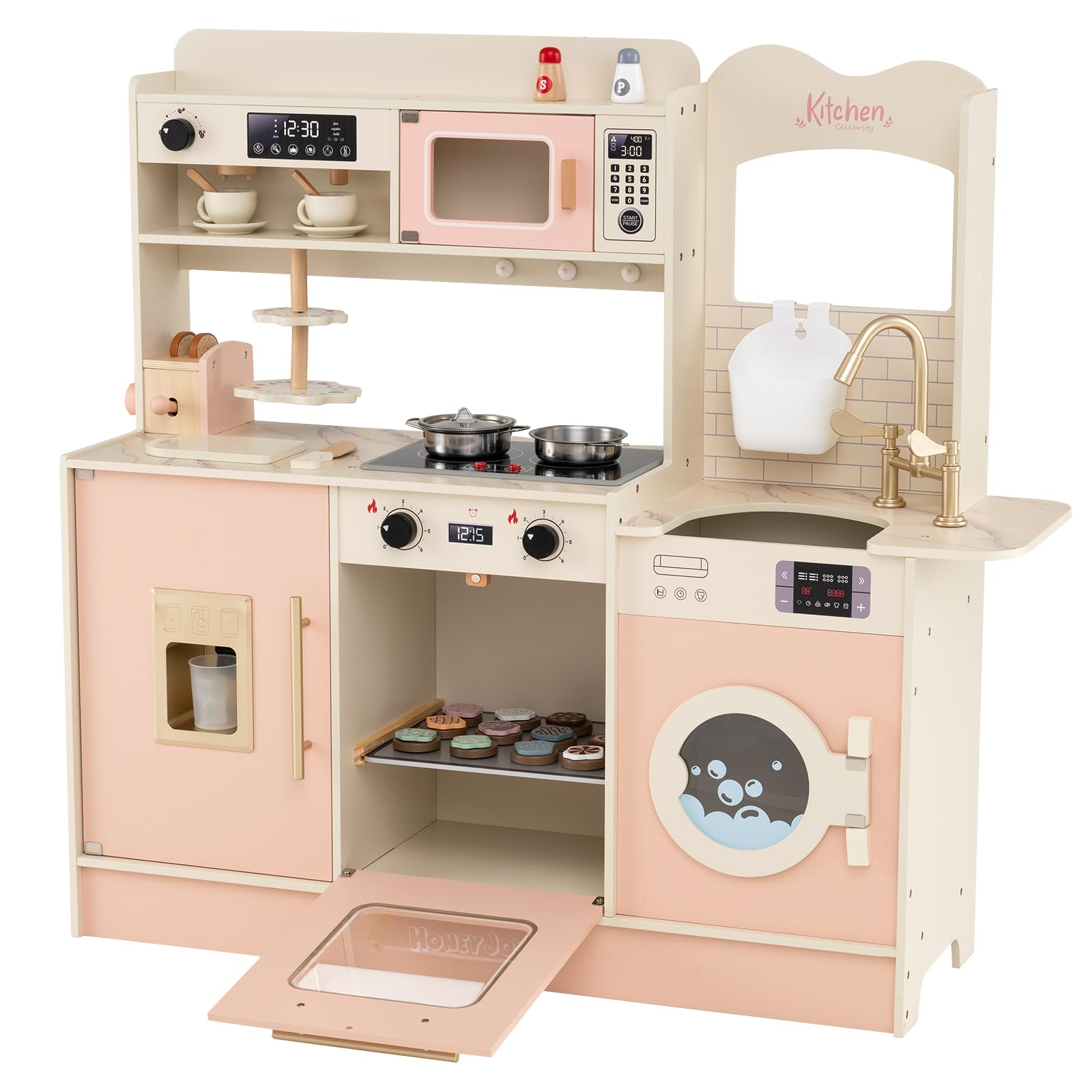 COSTWAY Kids Wooden Kitchen, Pretend Play Kitchen with Light, Sound, Sink & Faucet, Microwave Oven, Coffee Machine, Ice Dispenser, Utensils, Children Chef Role Playset for Boys Girls (Pink)