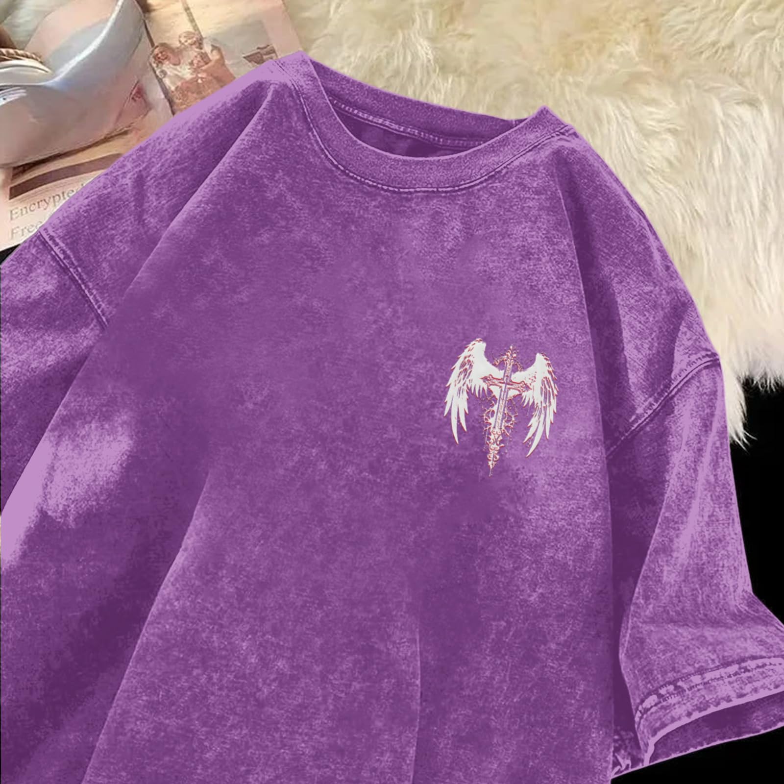 Vintage Goth Punk Shirts for Men Grunge Streetwear Oversized Tshirts Gothic Cross Y2k Graphic Tees Acid Wash T Shirt: Purple Small