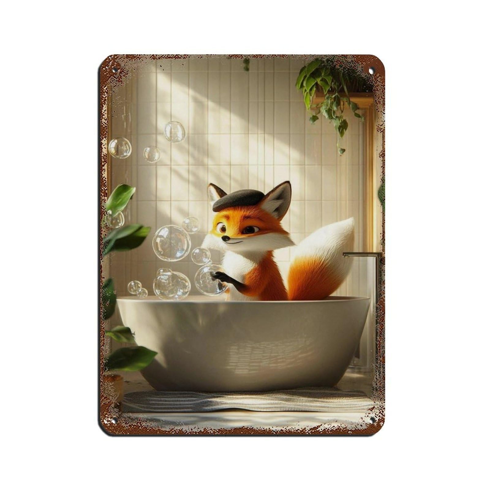 Fox in Bathtub, Cute Bathroom Decor Tin Sign Vintage Metal Pub Club Cafe Bar Home Wall Art Decoration Poster Retro 12x16inch(30x40cm)