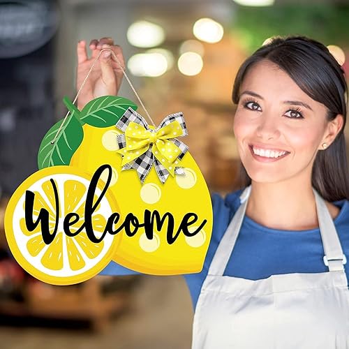 Miniatura 5 de Huray Rayho Letrero de bienvenida con texto en inglés "Lemon Welcome Door" para colgar de puerta delantera de madera de granja de verano, 13.7 x
