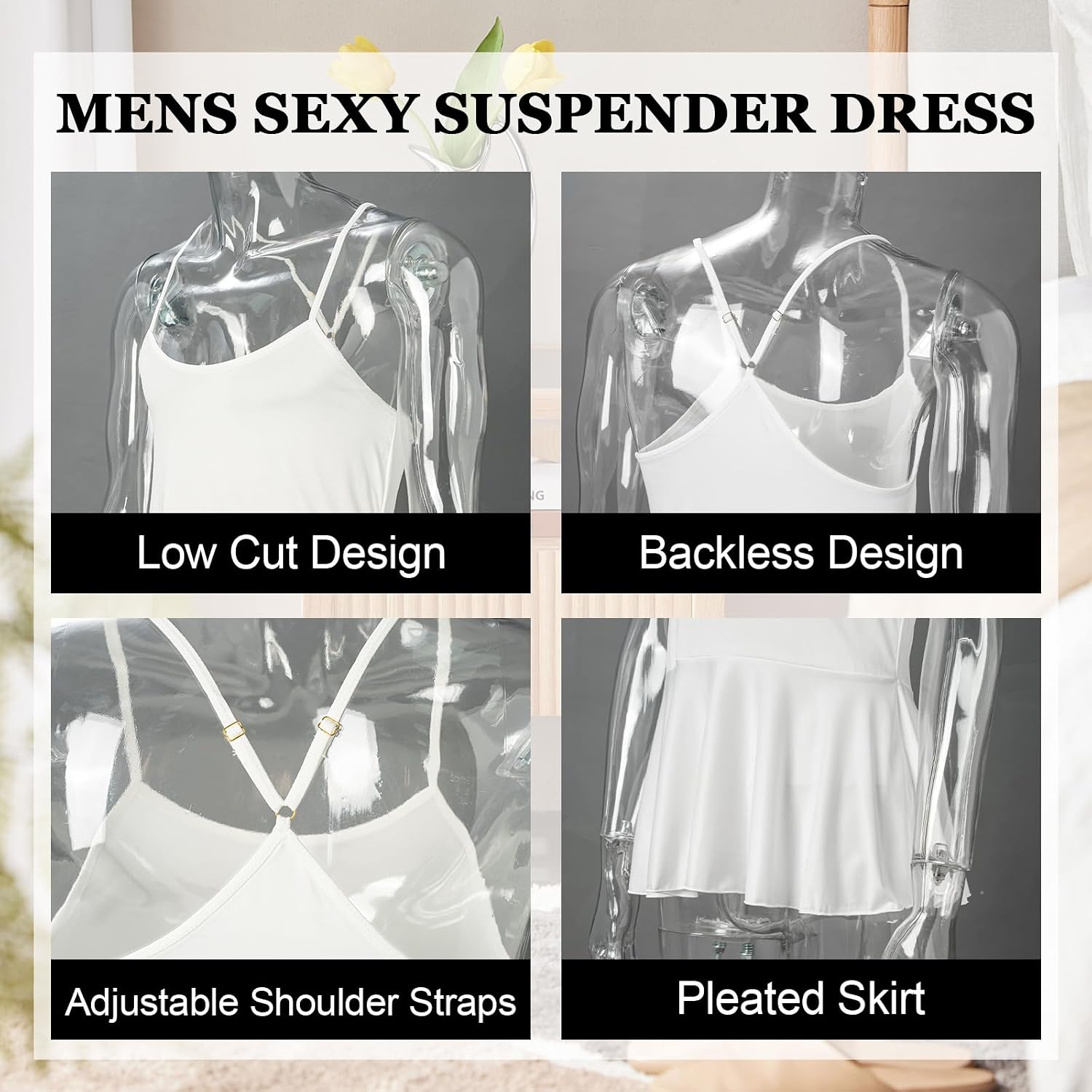 Mens Sexy Dress Adjustable Suspender Backless Dress Pleated Skirt Sissy Sleepwear