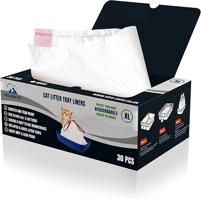 30 x Cat Litter Tray Liners Extra Large | With Drawstrings | Cat Litter Bags | Biodegradable | Heavy Duty And Tear Proof | Fits Upto X-Large Litter Trays | Size 90x45 cm | 2 Mil Thickness |