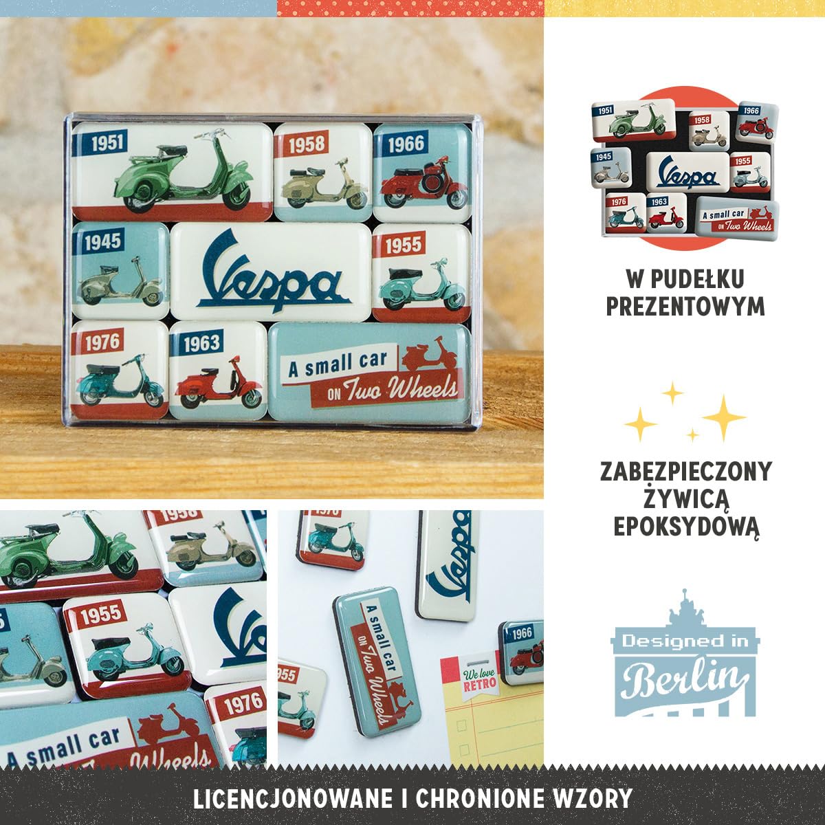 Nostalgic-Art Retro magnesy na lodówkę, 9 sztuk, Vespa – Model Chart – Pomysł na prezent dla miłośników skuterów, Official License Product (OLP), zestaw magnesów, Styl vintage