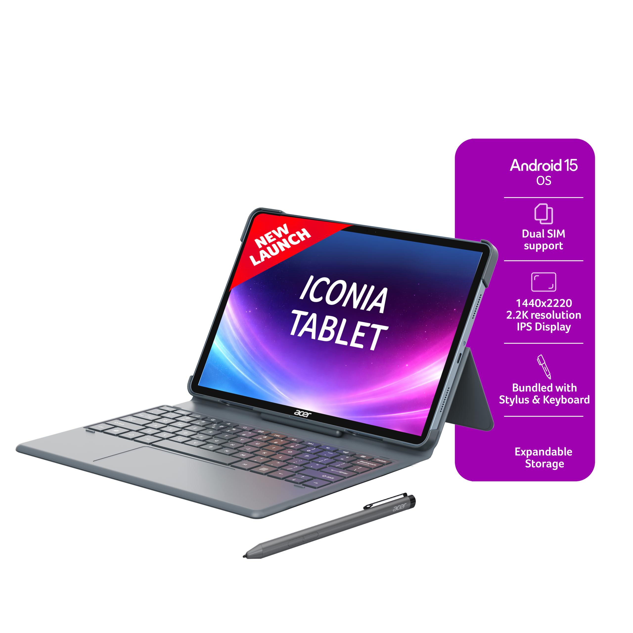Acer Iconia Tab11 with Stylus & Keyboard | 11.45" | 2.2K IPS Display, 450 Nit | Quad Speakers | 8GB + 256 GB (Expandable) | Wi-Fi + (Calling) | Fingerprint Reader| Slim Metal Body| Blue
