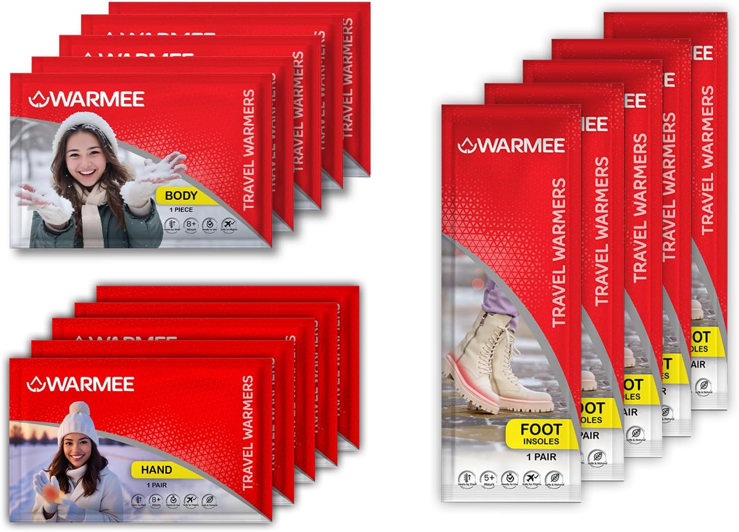 - WARMEE Variety Pack (5 Pairs Hand + 5 Pcs Body + 5 Pairs Foot) 8+ Hours of Long Lasting Real Heat || Safe and Natural || Travel Warmers for Winter Holidays, Trekking, Camping, Outdoor Events