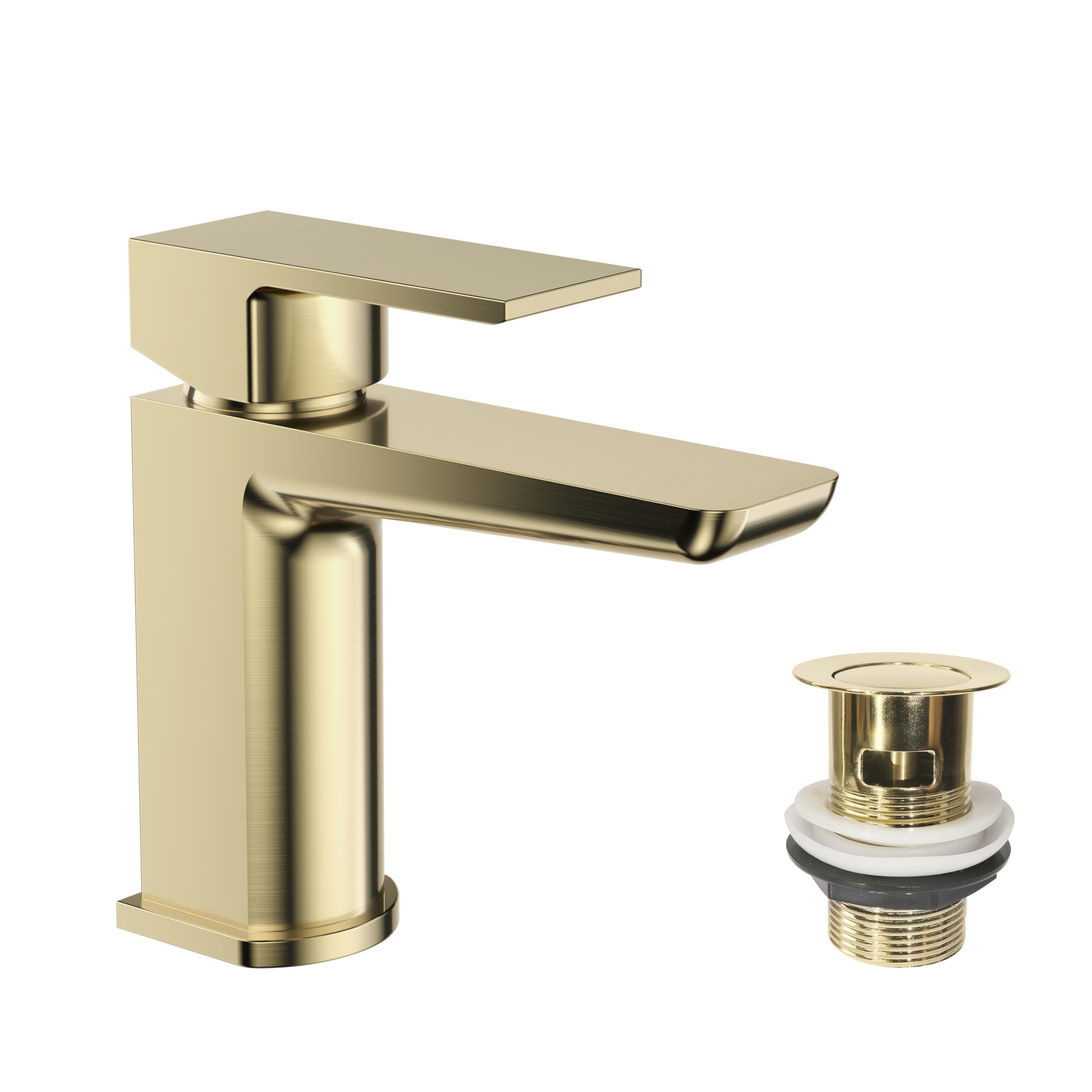 VeeBath Lagoon Soft Square Basin Mixer with Pop-Up Waste – Modern Brushed Brass Finish, Single Lever Control, G1/2" BSP Inlet, Deck Mounted Bathroom Taps, Bath and Basin Taps