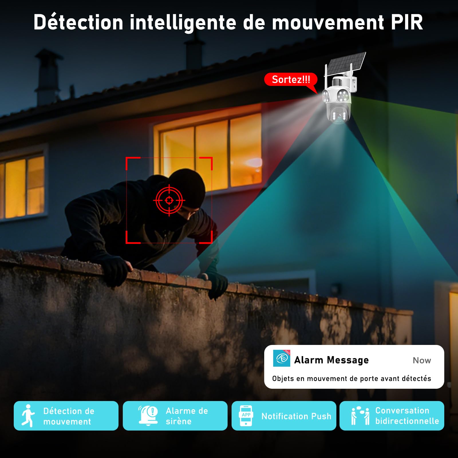 4K Camera Surveillance WiFi Exterieure sans Fil,à triple objectif/Camera Solaire/Batterie,Suivi Automatique,360° PTZ Sécurité à Domicile,Vision Vocturne,Audio Bidirectionnel,PIR Sirène,étanche,8MP HD