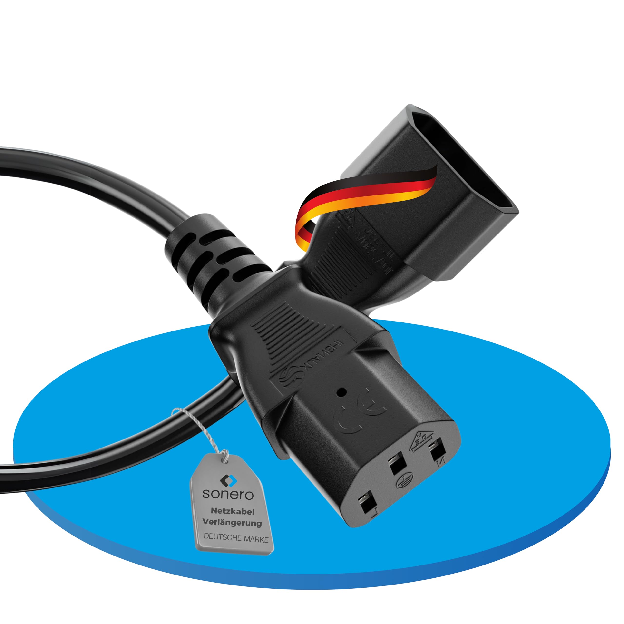 sonero Kaltgerätekabel Kaltgeräte Verlängerung 3 Polig, 2,0m, Kaltgeräte Stecker Netzstecker C14 auf Kaltgerätekupplung C13 Buchse, Verlängerungskabel Netzkabel für Monitor PC Drucker, Schwarz