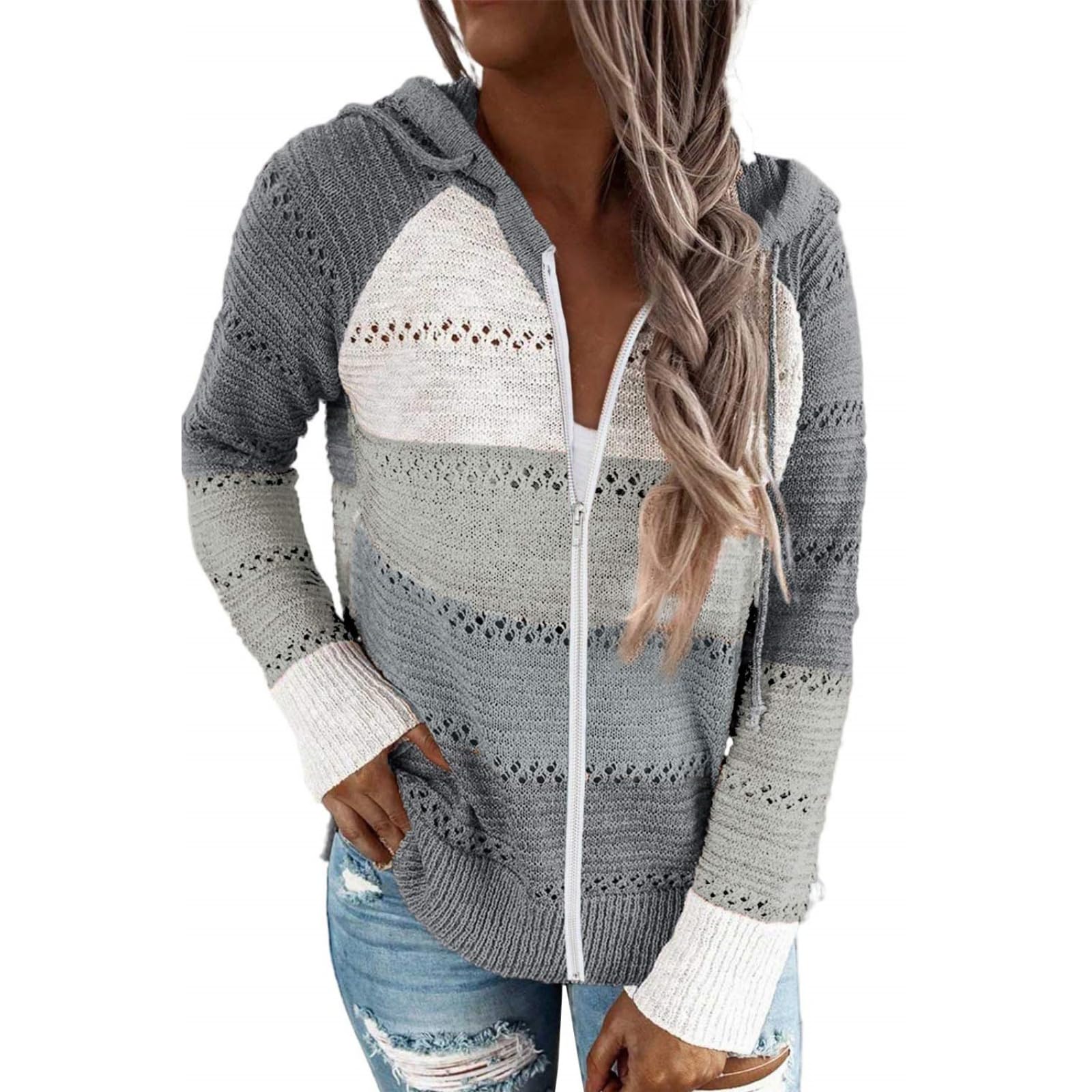 Women Color Block Hooded Crochet Striped Sweater Casual Loose Fit Pullover Knit Hoodie Fall Winter Cozy Layering Top