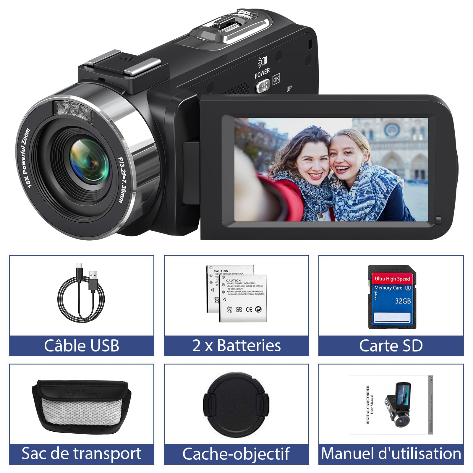 Caméscope 4K Caméra Vidéo HD 80MP 30FPS Vision Nocturne Infrarouge Zoom Numérique 18X Webcam Camescope, 3,0’’ Pouces Rotation à Écran IPS Vlogging Camera pour Youtube avec 2 Batteries, Carte SD 32Go