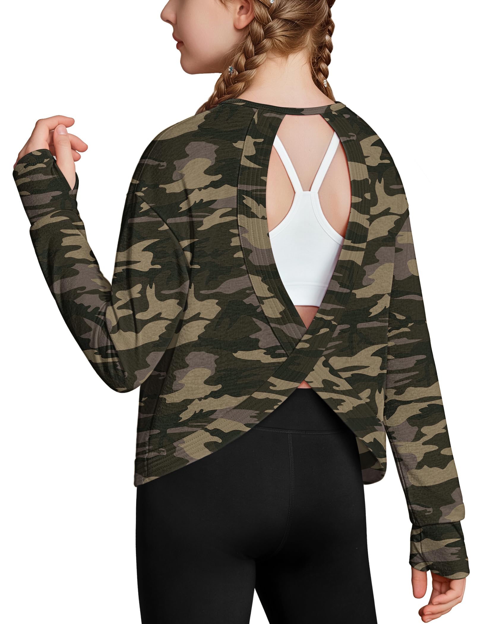 Zaclotre Girls Athletic Long Sleeve Shirts Open Back Crop Tops Workout Tee