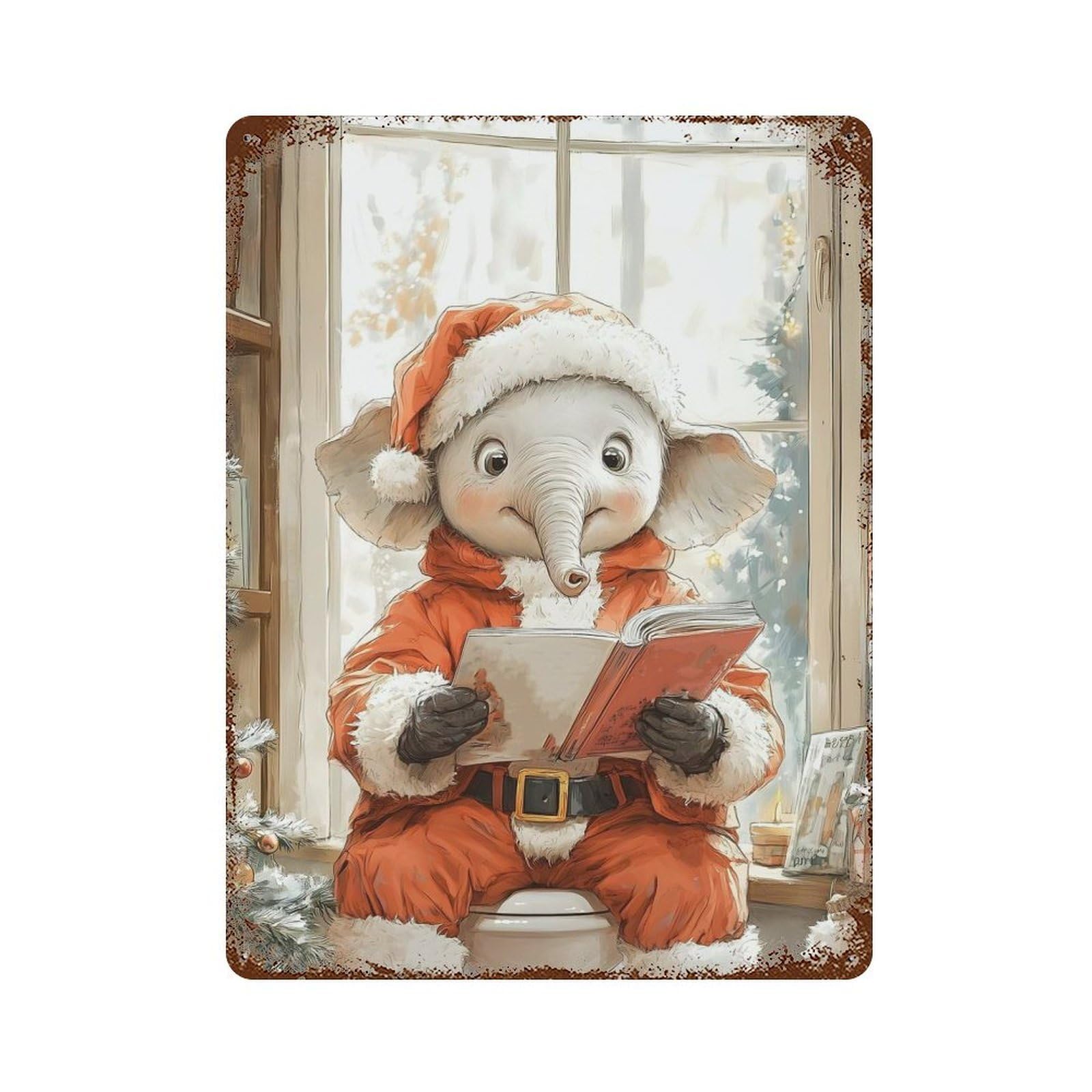 Garage Style Christmas Elephant Reading Aged Metal Wall Plaque 15.7"x11.8", Farmhouse Wall Decor for Bar And Workshop