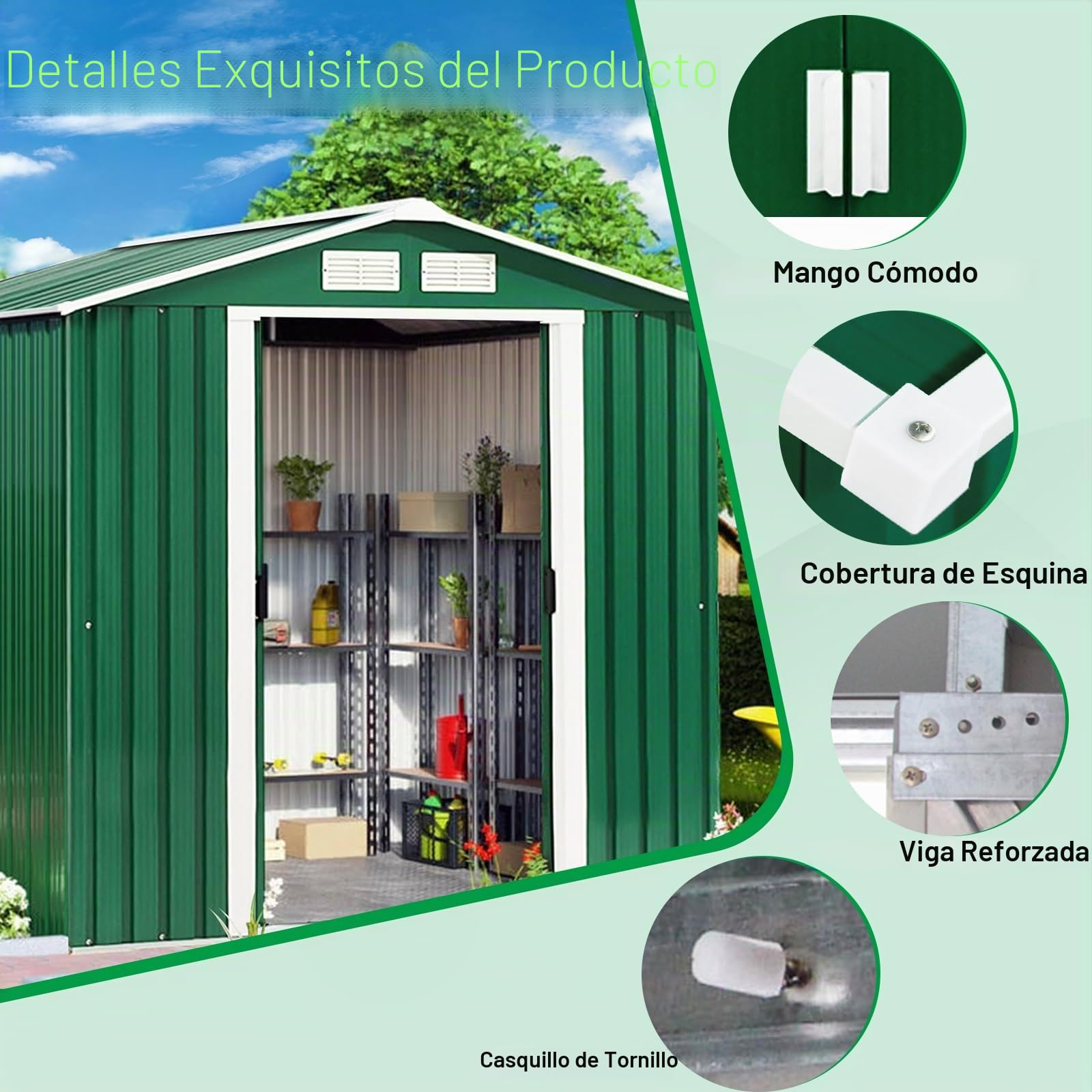 GOPLUS 4.39 m³ Cobertizo de Jardín Estanco con Puertas y Ventana, Fabricado en Metal Galvanizado,Almacenamiento para Bicicleta, Herramientas de Jardinería, 213 x 127 x 185 cm