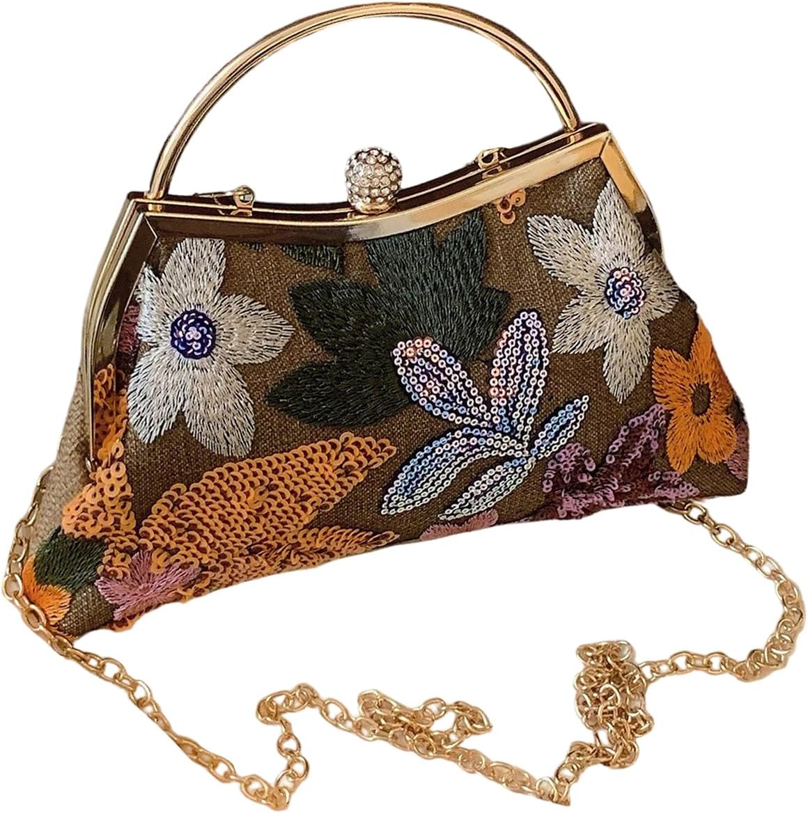 OYOANGLE Women's Floral Embroidery Clutch Purse Vintage Top Handle Handbag Kiss Lock Evening Bags
