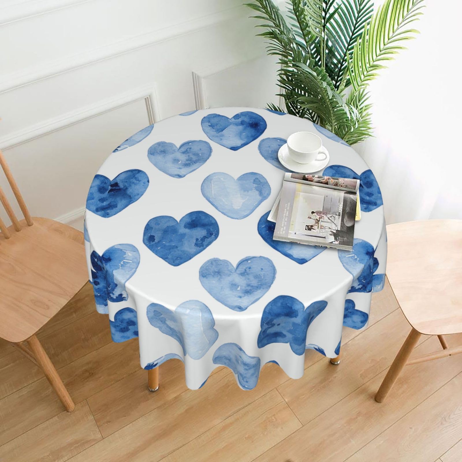 QMKFWT Hand Drawn Blue Heart Printed Round Tablecloth,Dust-Proof Wrinkle Resistant Table Cover Washable Polyester Table Cloth for Kitchen Dining Room Farmhouse Picnic Indoor Outdoor(Round 60 Inch)