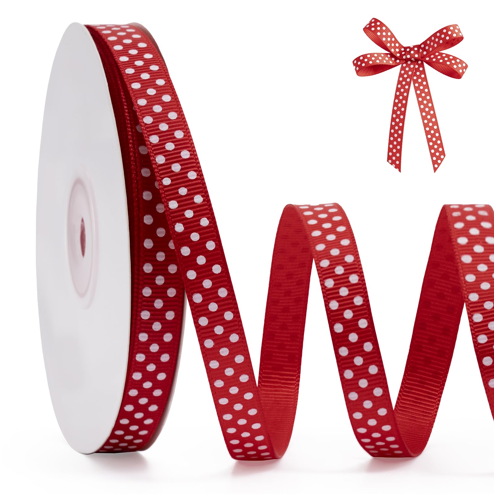 FAKILO Polka Dot Grosgrain Ribbon 10mm X 22m Red and White Dot Craft Ribbon for Gift Wrapping Christmas DIY Crafts Hair Bows Wedding Party Decor Sewing and Home Decoration