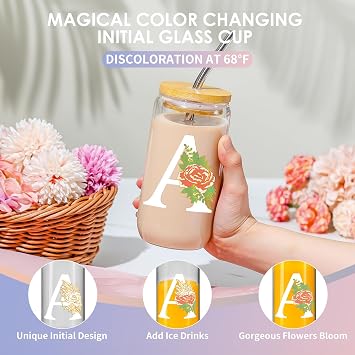 16 Oz Initial Glass Cup with Lid and Straw Personalized Color-Changing | Monogrammed iced coffee drinking tumbler, BPA-Free, Durable, Christmas, Thanksgiving, Birthday gift for Women Her Mom