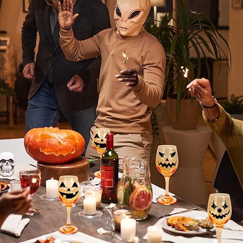Miniatura 7 de Whaline Paquete de 3 copas de vino de Halloween de 10 onzas de calabaza naranja, copas de vino tinto Jack-O-Lantern de tallo largo, vasos de fiesta