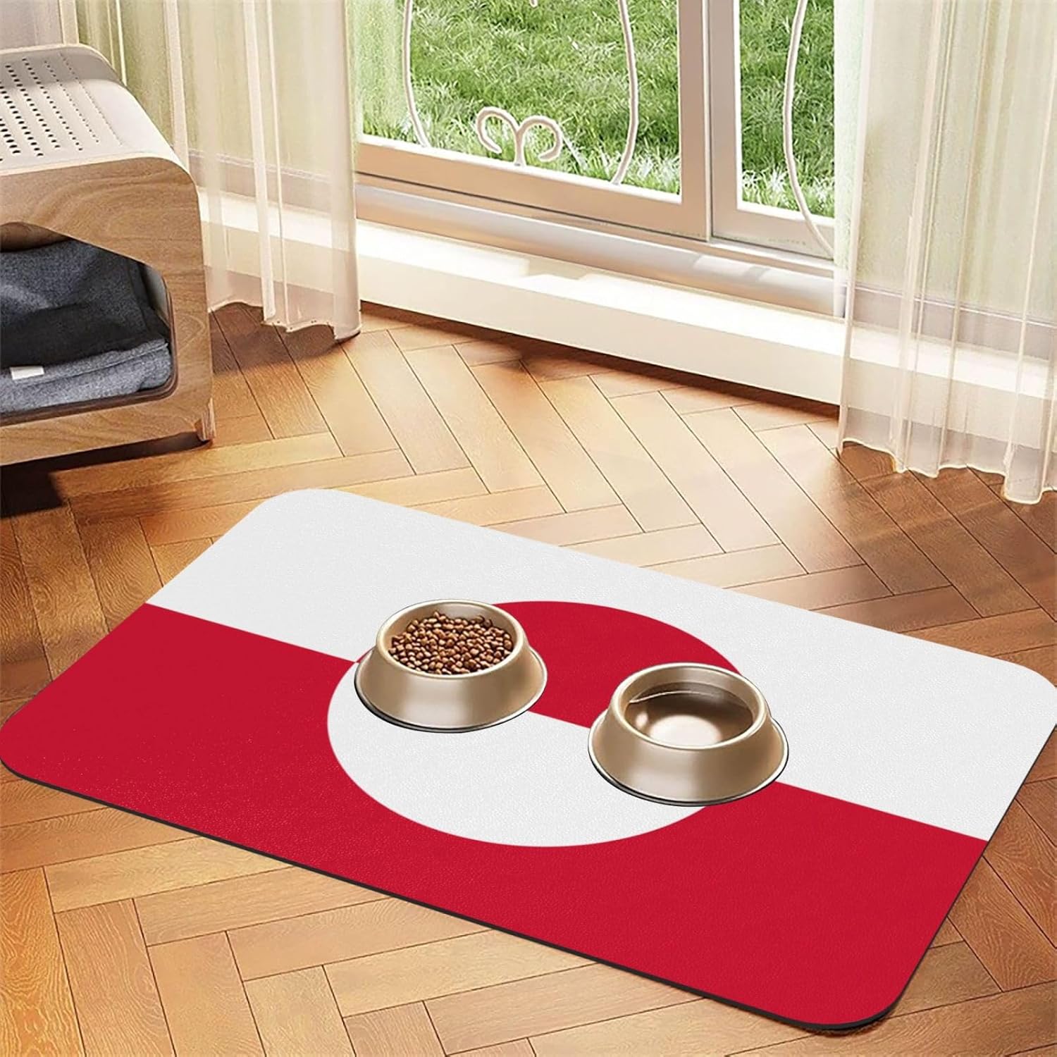 40x60cm Pet Absorbent Feeding Mat - Greenland Flag Print Leather Non-Slip Placemat, for Dog Cat Food and Water Bowl Pads
