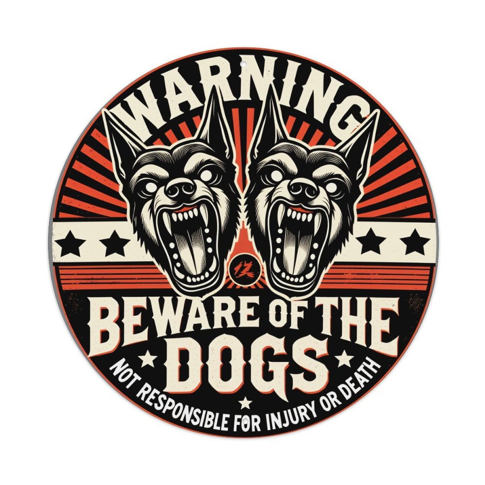 Warning Dogs Beware Not Responsible Round Metal Tin Sign Vintage Wall Decor, Bar Garage Cafe Kitchen Home Wall Art Poster 8x8inches