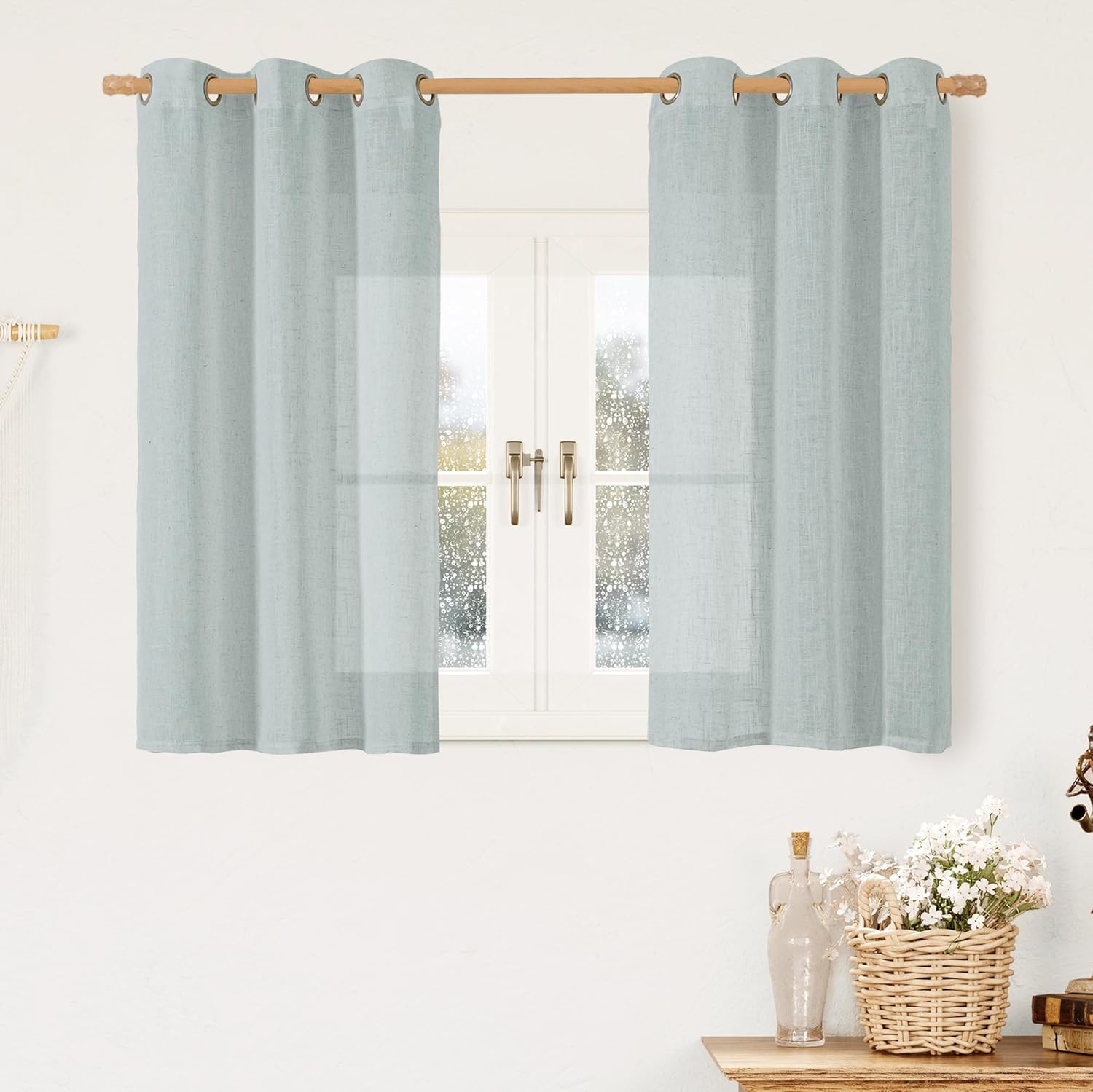 LAMIT Greyish Blue Linen Curtains 45 Inches Long for Bedroom, Light Filtering Panels Bronze Grommet Neutral Drapes for Kitchen/Window/Loft Room, 34 x 45 Inch, 2 Panels 34"W x 45"L (Pack of 2) Greyish Blue