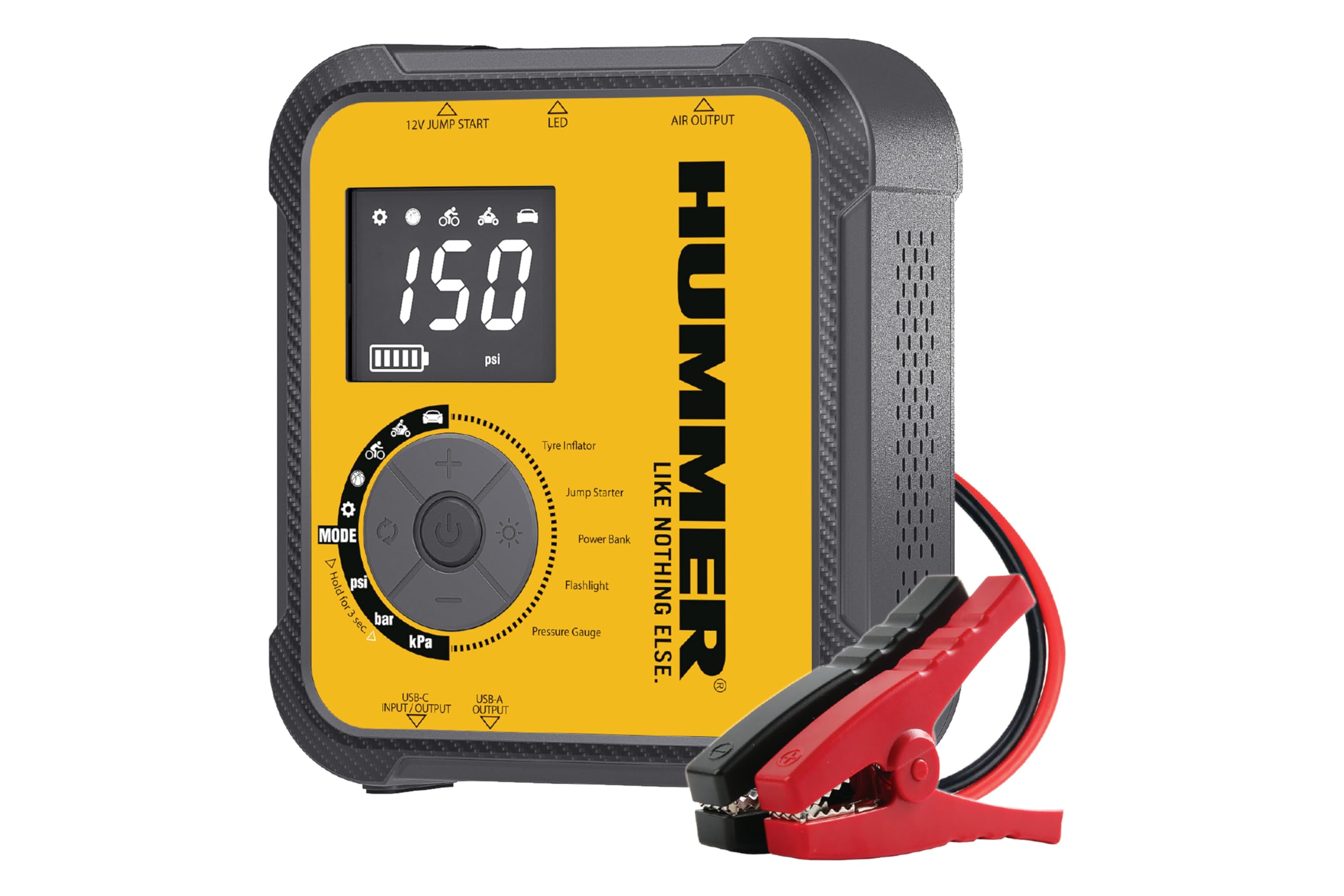 Hummer H10T Arrancador Multifuncional 10000mAh con Compresor 150 PSI, Jump Starter 2000A para Motores Gasolina 8.0L y Diésel 7.0L, Inflador Inalámbrico, Power Bank USB-C PD 30W y USB-A QC 18W