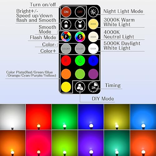 Miniatura 3 de Bombilla LED que cambia de color con control remoto, bombillas RGB equivalentes a 60 W, 8 W regulables E26 A19 2700K-6000K blanco cálido para