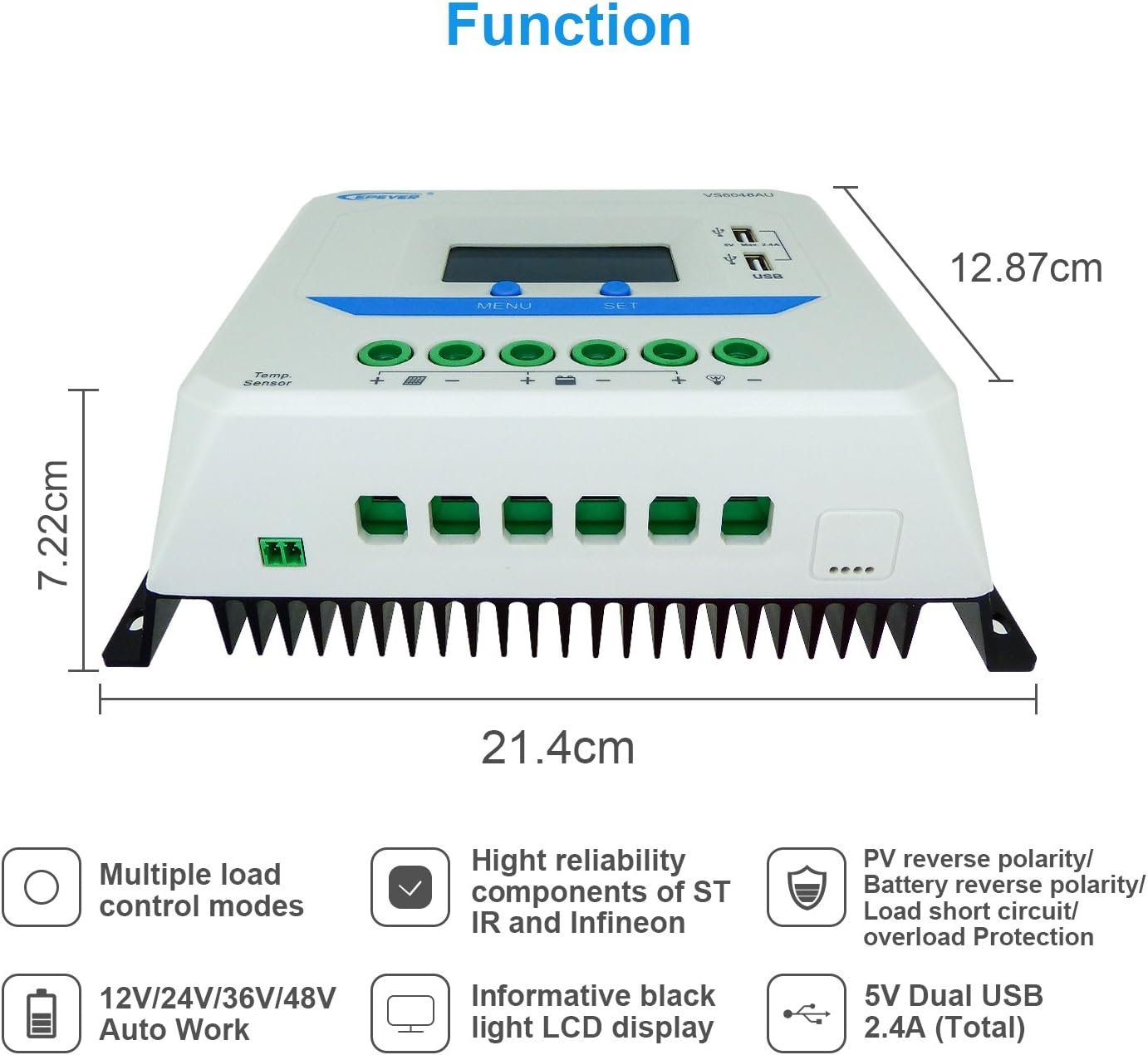 EPEVER Solar Charge Controller 60A 12V/24V/36V/48V Auto with USB Output Light and Time Control LCD Display for Solar Panel Power System (60A , VS6048AU)