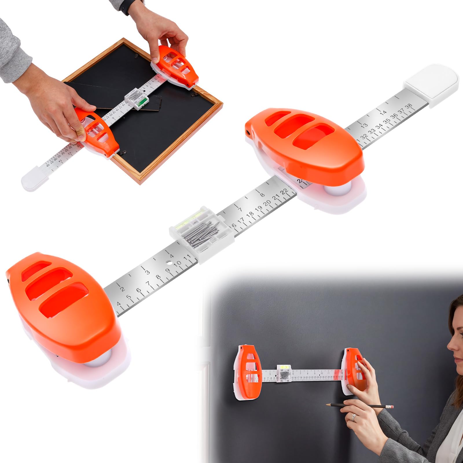 Lulobtg Orange Leveling Ruler 3 In 1 Picture Hanging Tool With Ruler Level And Nail Push Rod For Photo Frames Wall Decor Mirrors Abs Wall Friendly Diy Hanger