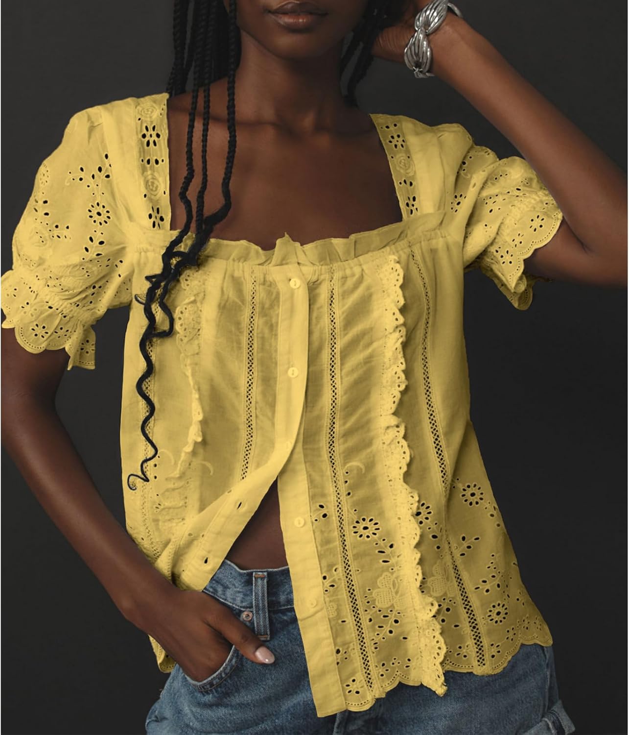 Women Y2k Ruffle Trim Front Button Up Blouse Crop Tops Eyelet Square Neck Shirt Puff Short Sleeve Going Out Top - Image 2