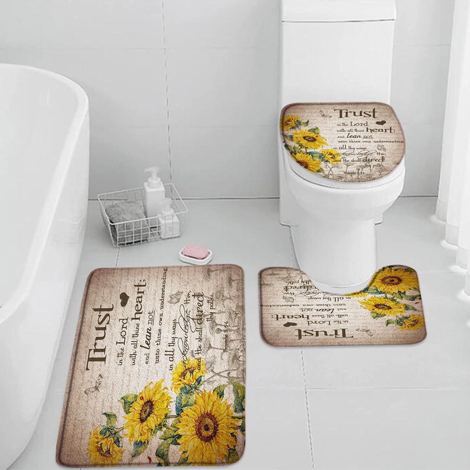 3 Pieces Set Fall Autumn Sunflower Bath Mat Inspirational Quote Motivational Word Yellow Flower Butterfly Vintage Bathroom Rugs Toilet Lid Cover Pedestal Rug U-Shaped Non-Slip Carpet